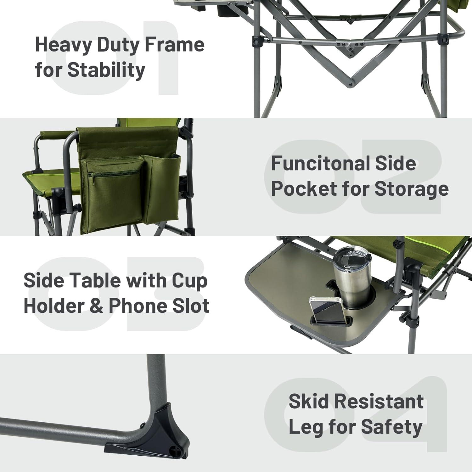 imageTIMBER RIDGE Aluminum Camping Directors Chair with Side Table Pocket Portable Folding Chair Heavy Duty Lawn Chair for Fishing Trip Picnic Concert Outdoor 400lbs Tan 2 PackGreen2 Set