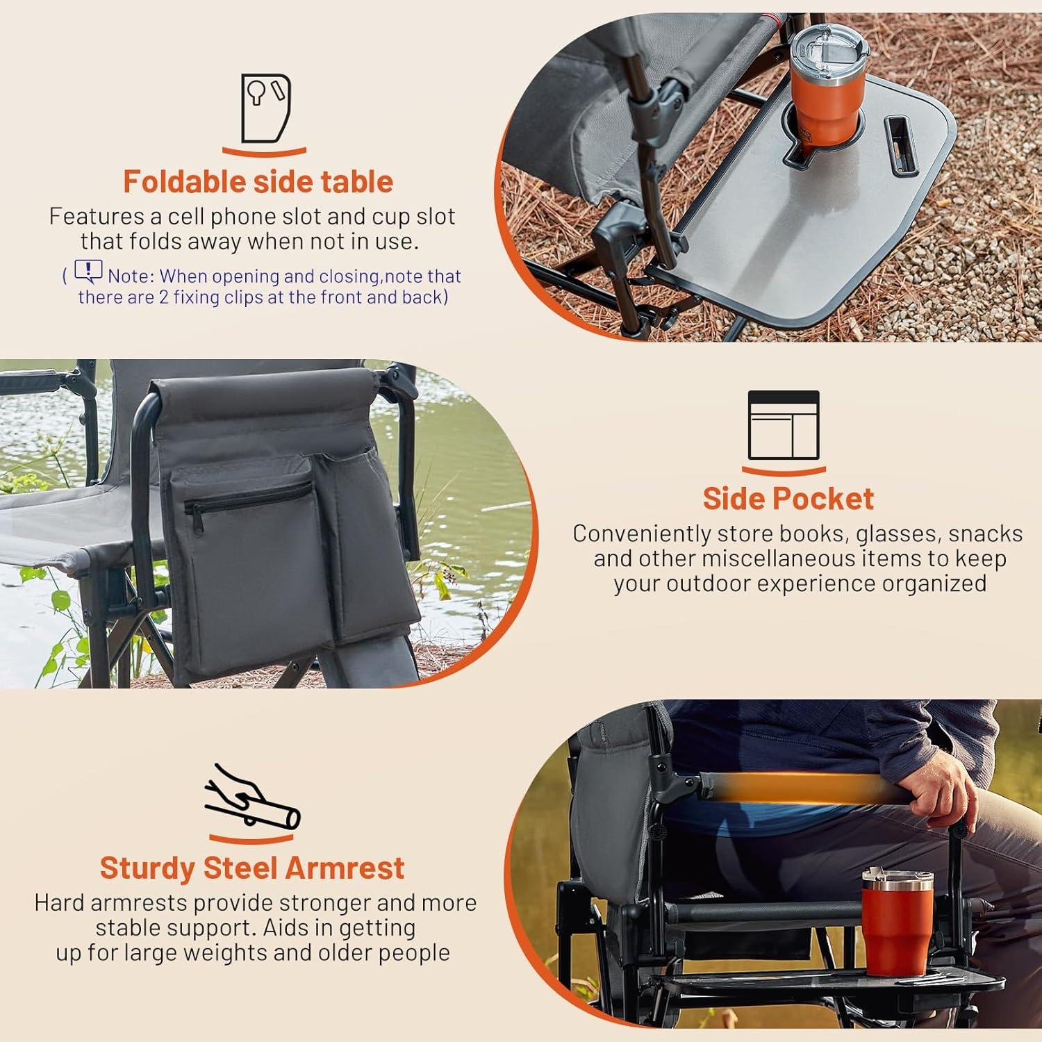 imageTIMBER RIDGE Aluminum Camping Directors Chair with Side Table Pocket Portable Folding Chair Heavy Duty Lawn Chair for Fishing Trip Picnic Concert Outdoor 400lbs Tan 2 PackHeated Grey