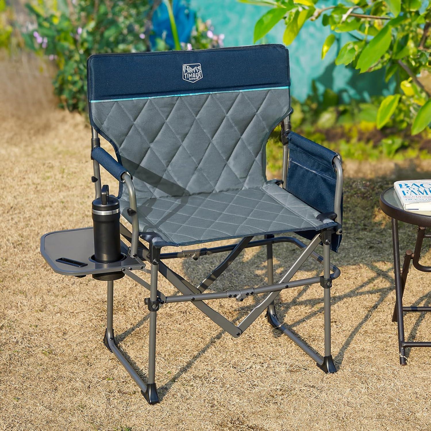imageTIMBER RIDGE Aluminum Camping Directors Chair with Side Table Pocket Portable Folding Chair Heavy Duty Lawn Chair for Fishing Trip Picnic Concert Outdoor 400lbs Tan 2 PackBlue