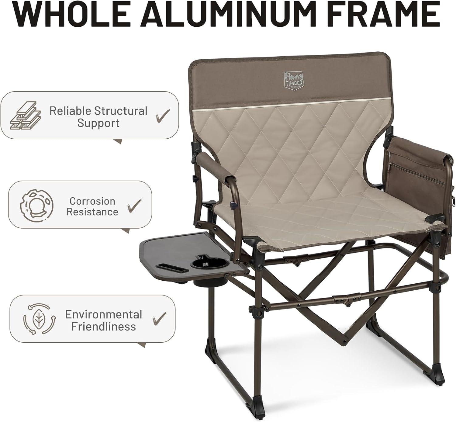 imageTIMBER RIDGE Aluminum Camping Directors Chair with Side Table Pocket Portable Folding Chair Heavy Duty Lawn Chair for Fishing Trip Picnic Concert Outdoor 400lbs Tan 2 PackTan