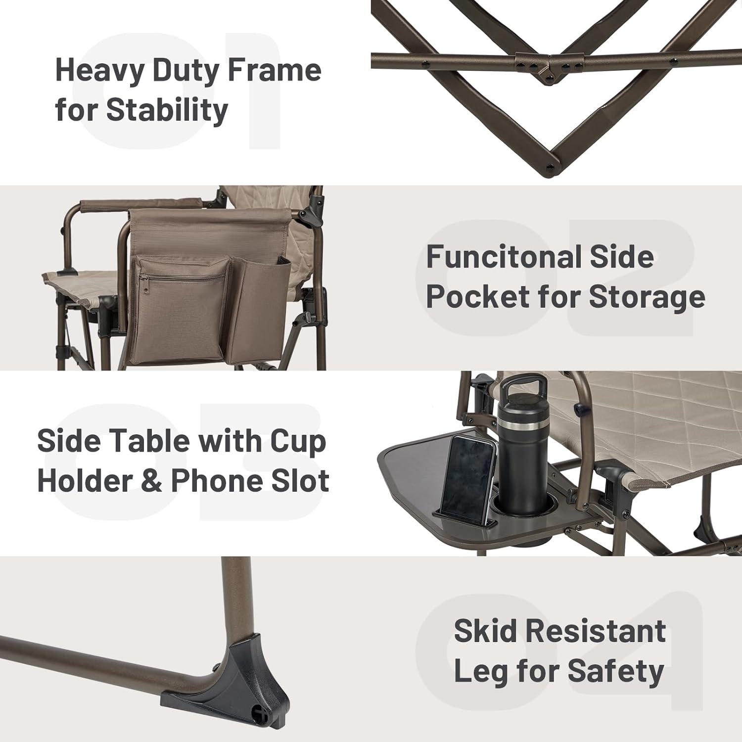 imageTIMBER RIDGE Aluminum Camping Directors Chair with Side Table Pocket Portable Folding Chair Heavy Duty Lawn Chair for Fishing Trip Picnic Concert Outdoor 400lbs Tan 2 PackTan2 Set