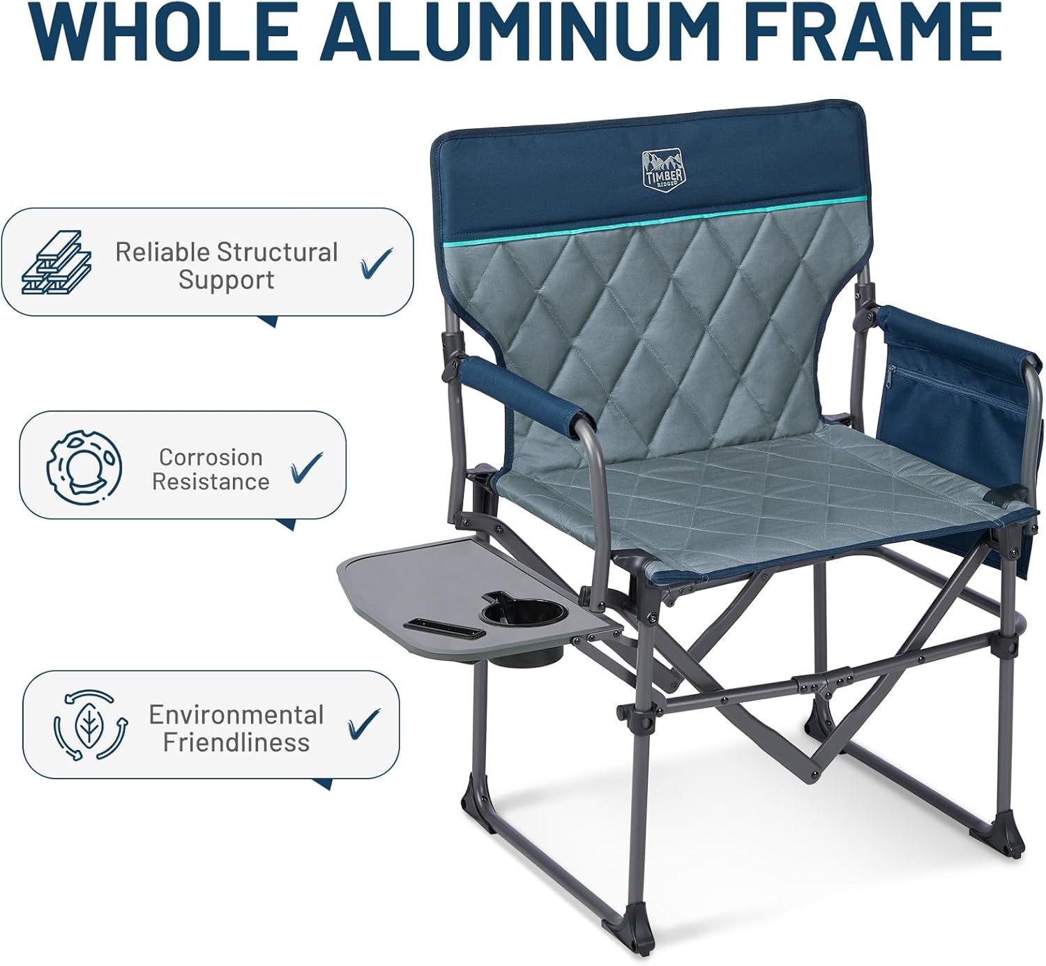 imageTIMBER RIDGE Aluminum Camping Directors Chair with Side Table Pocket Portable Folding Chair Heavy Duty Lawn Chair for Fishing Trip Picnic Concert Outdoor 400lbs Tan 2 PackNavy2 Set