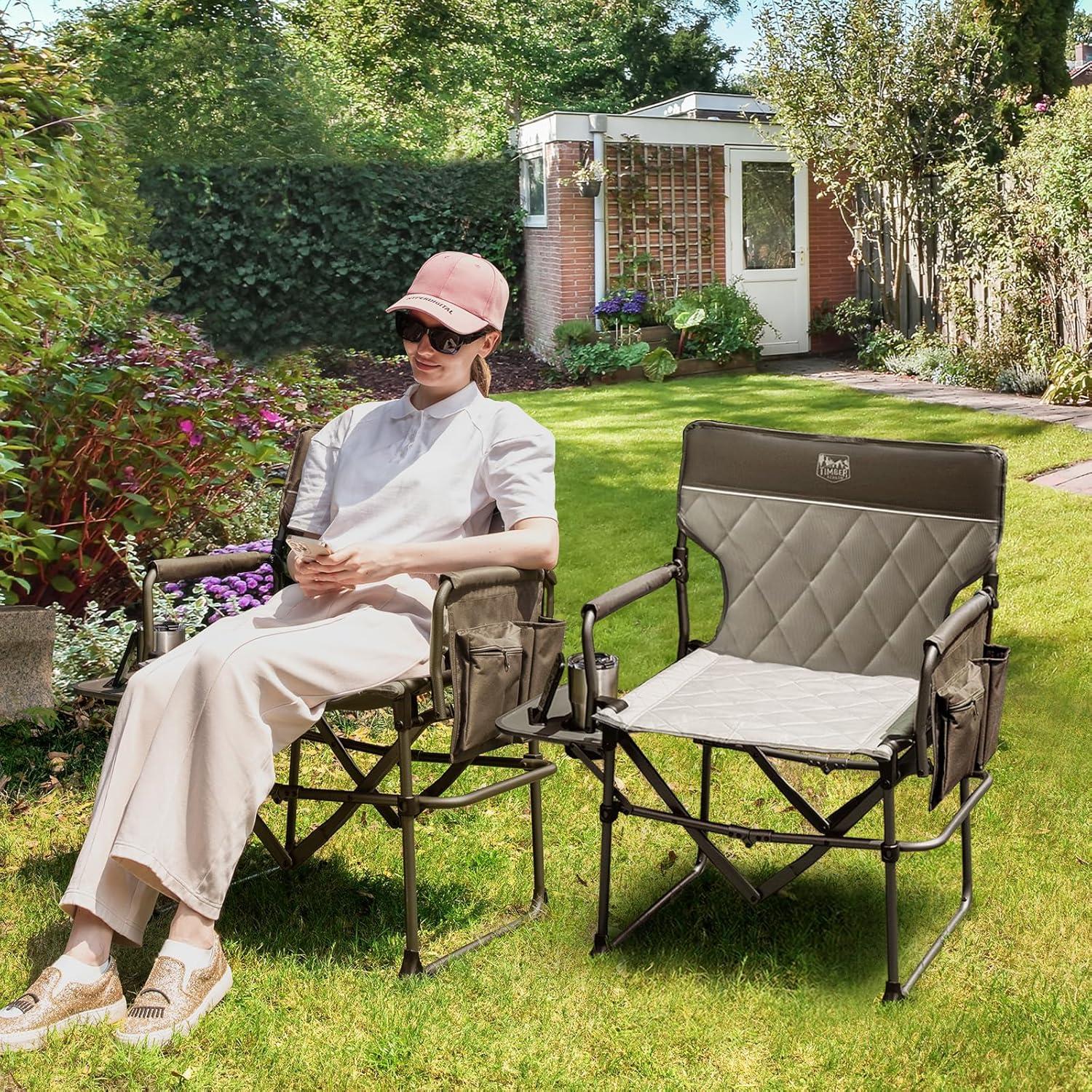 imageTIMBER RIDGE Aluminum Camping Directors Chair with Side Table Pocket Portable Folding Chair Heavy Duty Lawn Chair for Fishing Trip Picnic Concert Outdoor 400lbs Tan 2 PackTan