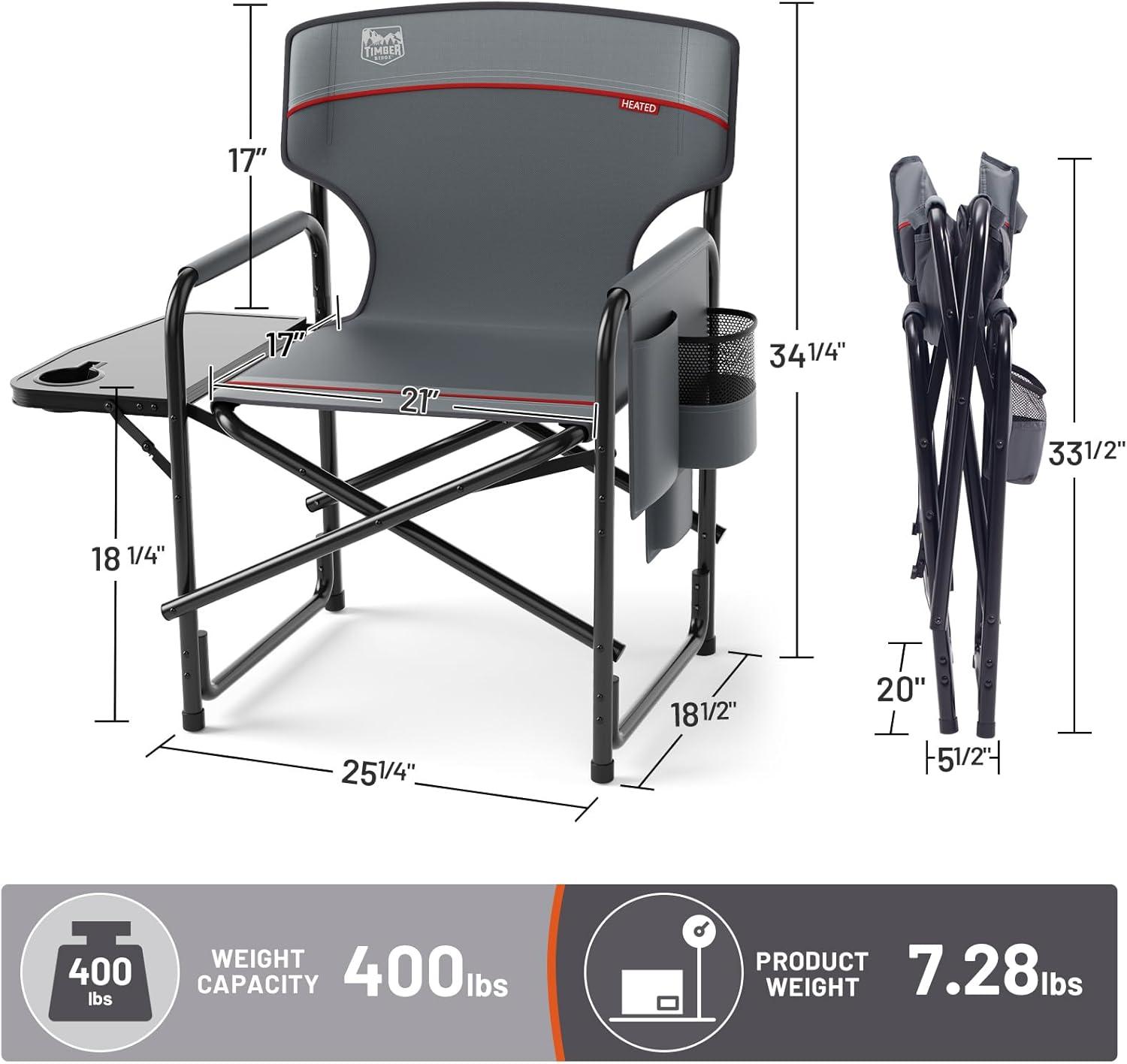 imageTIMBER RIDGE Aluminum Oversized Camping Chair Lightweight Portable Directors Chair with Side Table Detachable Side Pocket for Outdoor Camping Lawn Picnic Support 400lbs BlackGrey With Heating