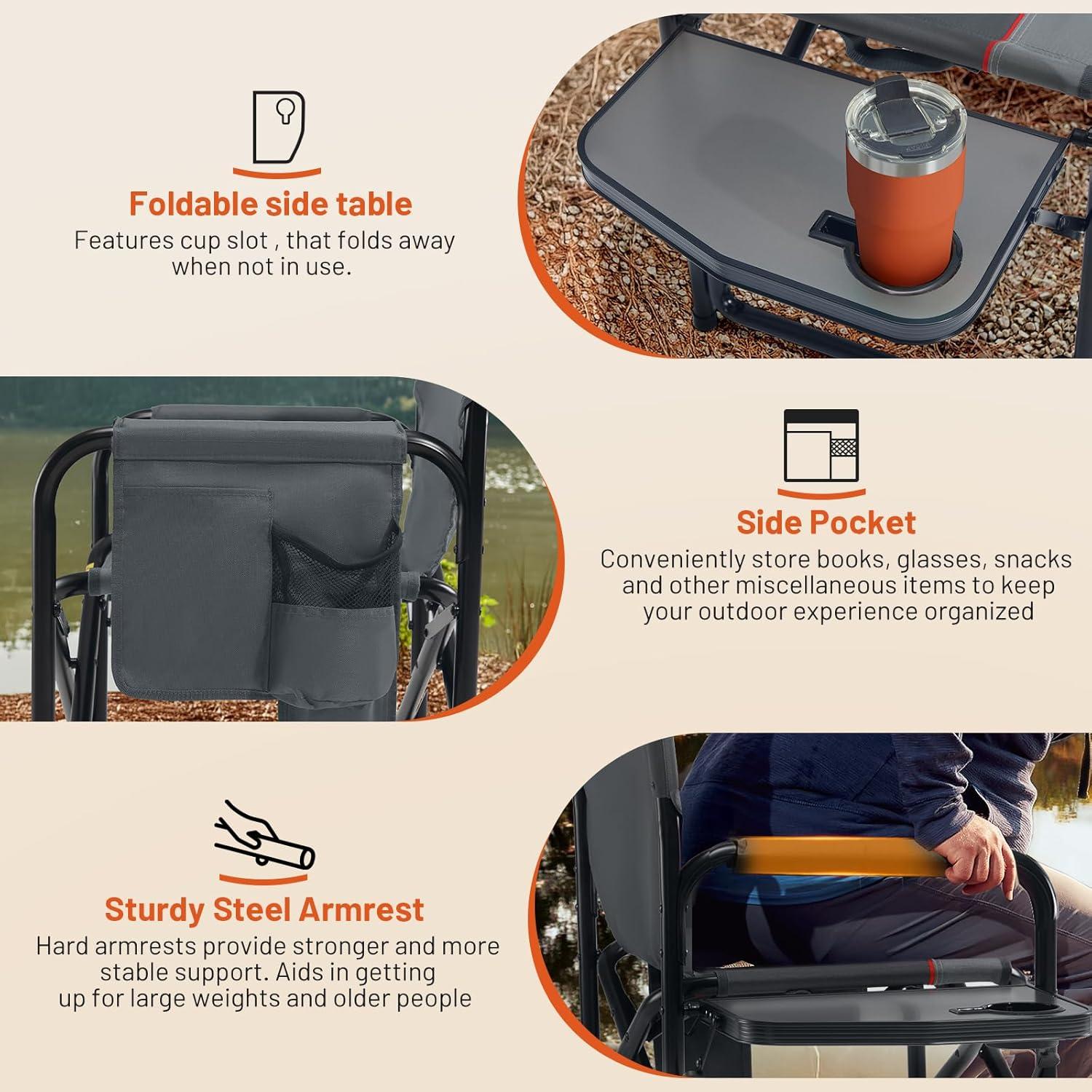 imageTIMBER RIDGE Aluminum Oversized Camping Chair Lightweight Portable Directors Chair with Side Table Detachable Side Pocket for Outdoor Camping Lawn Picnic Support 400lbs BlackGrey2 Set With Heating