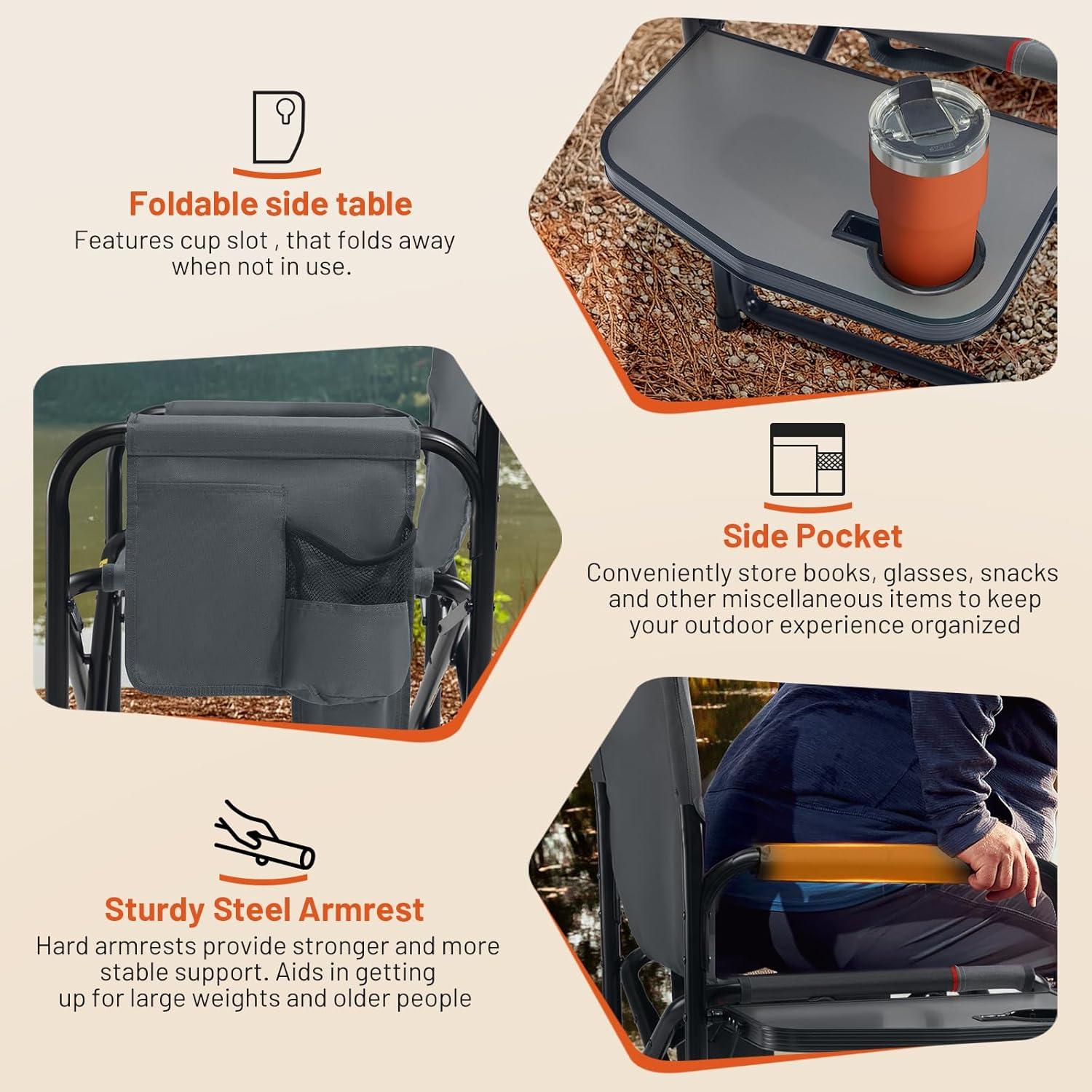 imageTIMBER RIDGE Aluminum Oversized Camping Chair Lightweight Portable Directors Chair with Side Table Detachable Side Pocket for Outdoor Camping Lawn Picnic Support 400lbs BlackGrey With Heating