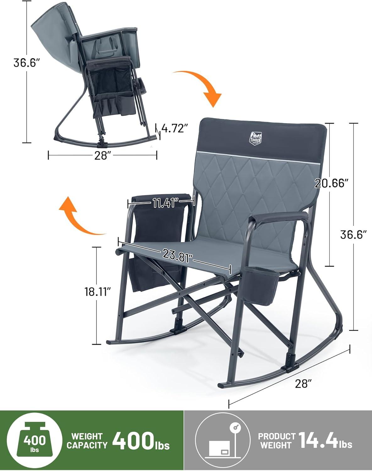 imageTIMBER RIDGE Aluminum Oversized Camping Chair Lightweight Portable Directors Chair with Side Table Detachable Side Pocket for Outdoor Camping Lawn Picnic Support 400lbs BlackGrey With Rocking