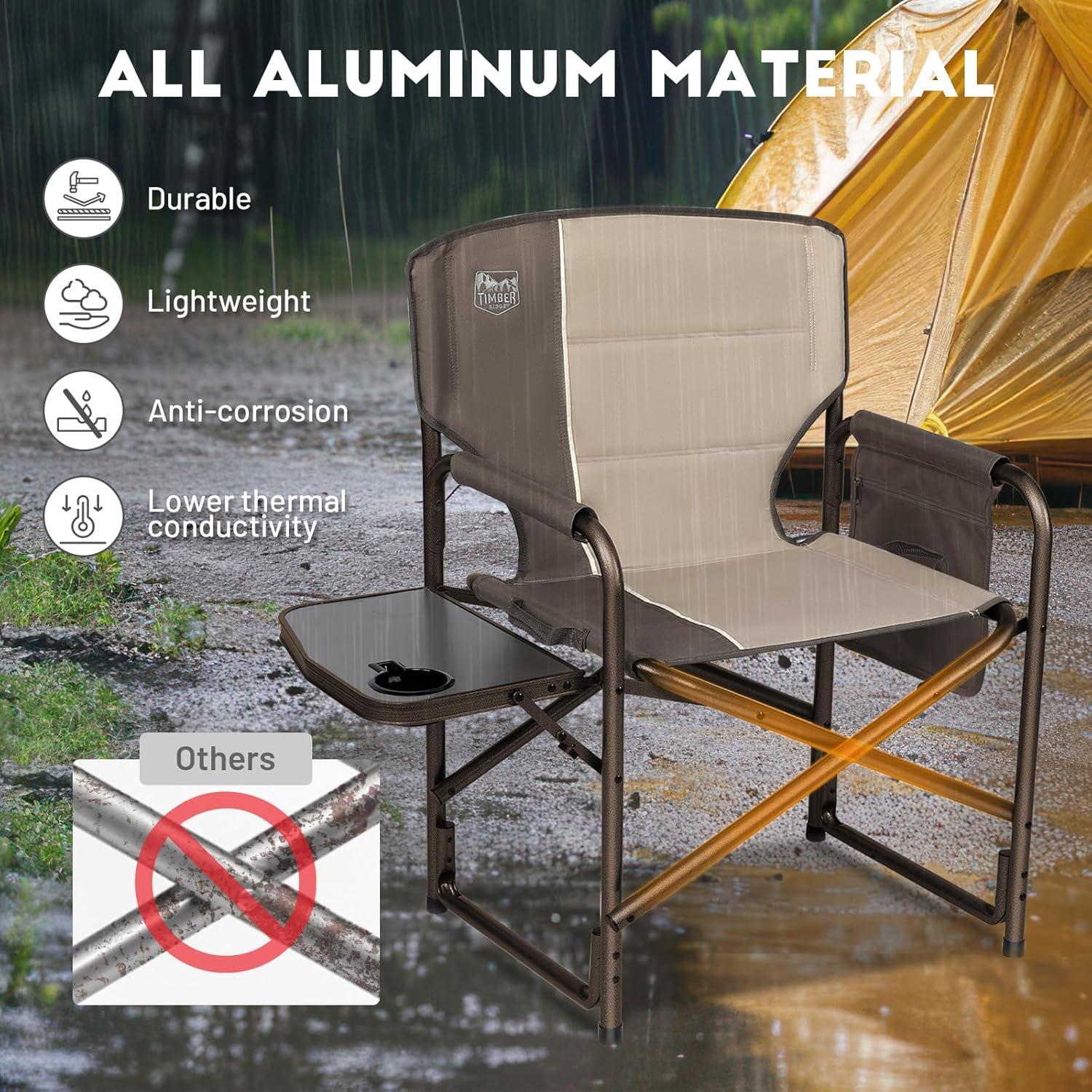 imageTIMBER RIDGE Aluminum Oversized Camping Chair Lightweight Portable Directors Chair with Side Table Detachable Side Pocket for Outdoor Camping Lawn Picnic Support 400lbs BlackTan