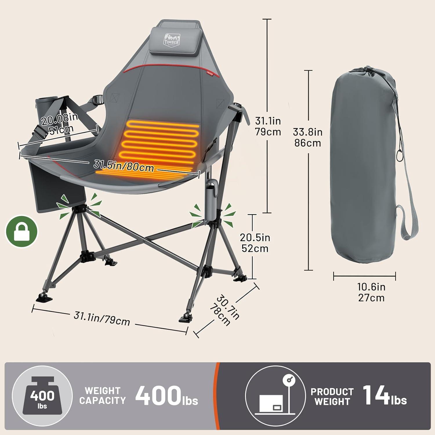imageTIMBER RIDGE Hammock Camping Chair Oversized Swinging Chair with Adjustable Back and Seat Height Portable Folding Rocking Camping Chair for Outdoor Lawn Backyard and Patio Supports 400lbsGreyheated 2 Pack