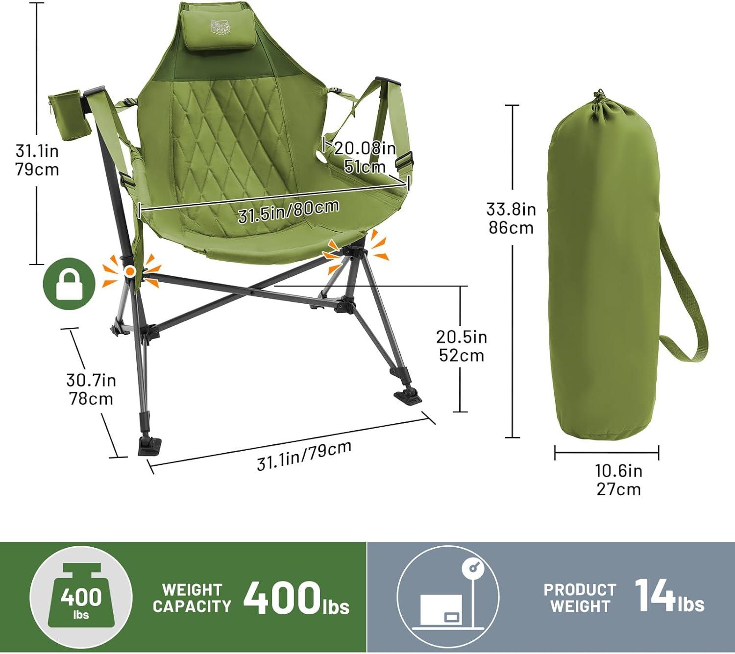 imageTIMBER RIDGE Hammock Camping Chair Oversized Swinging Chair with Adjustable Back and Seat Height Portable Folding Rocking Camping Chair for Outdoor Lawn Backyard and Patio Supports 400lbsGreen2 Pack