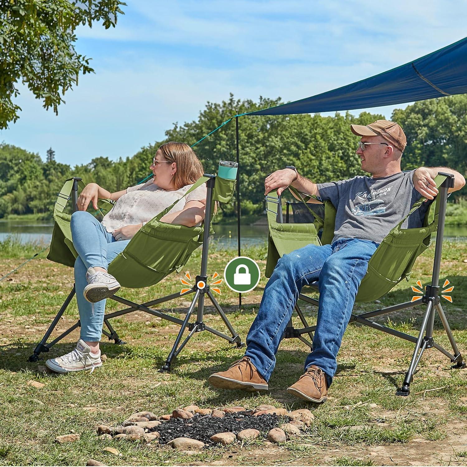 imageTIMBER RIDGE Hammock Camping Chair Oversized Swinging Chair with Adjustable Back and Seat Height Portable Folding Rocking Camping Chair for Outdoor Lawn Backyard and Patio Supports 400lbsGreen2 Pack