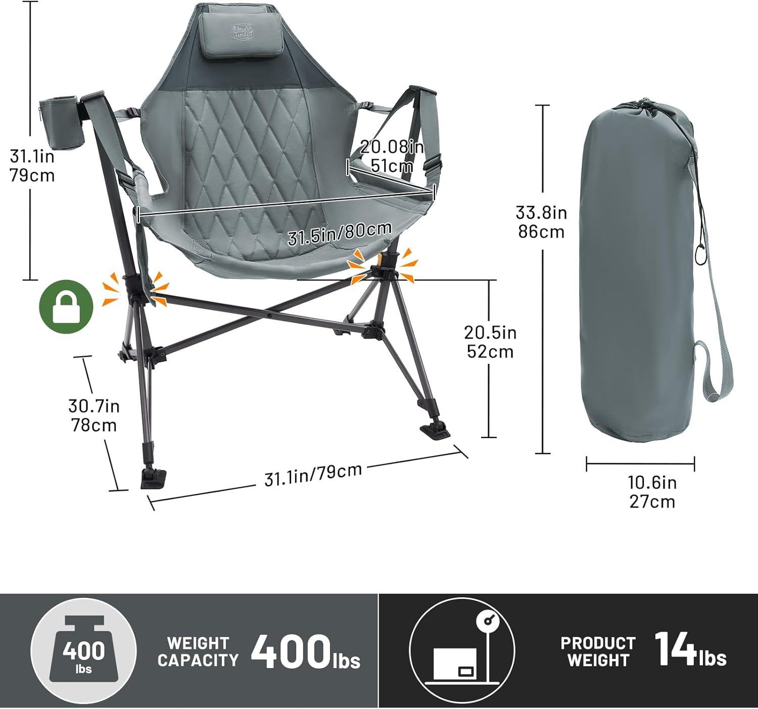 imageTIMBER RIDGE Hammock Camping Chair Oversized Swinging Chair with Adjustable Back and Seat Height Portable Folding Rocking Camping Chair for Outdoor Lawn Backyard and Patio Supports 400lbsGrey2 Pack