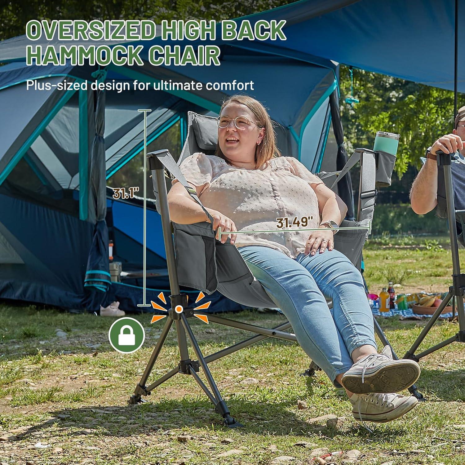 imageTIMBER RIDGE Hammock Camping Chair Oversized Swinging Chair with Adjustable Back and Seat Height Portable Folding Rocking Camping Chair for Outdoor Lawn Backyard and Patio Supports 400lbsGrey2 Pack