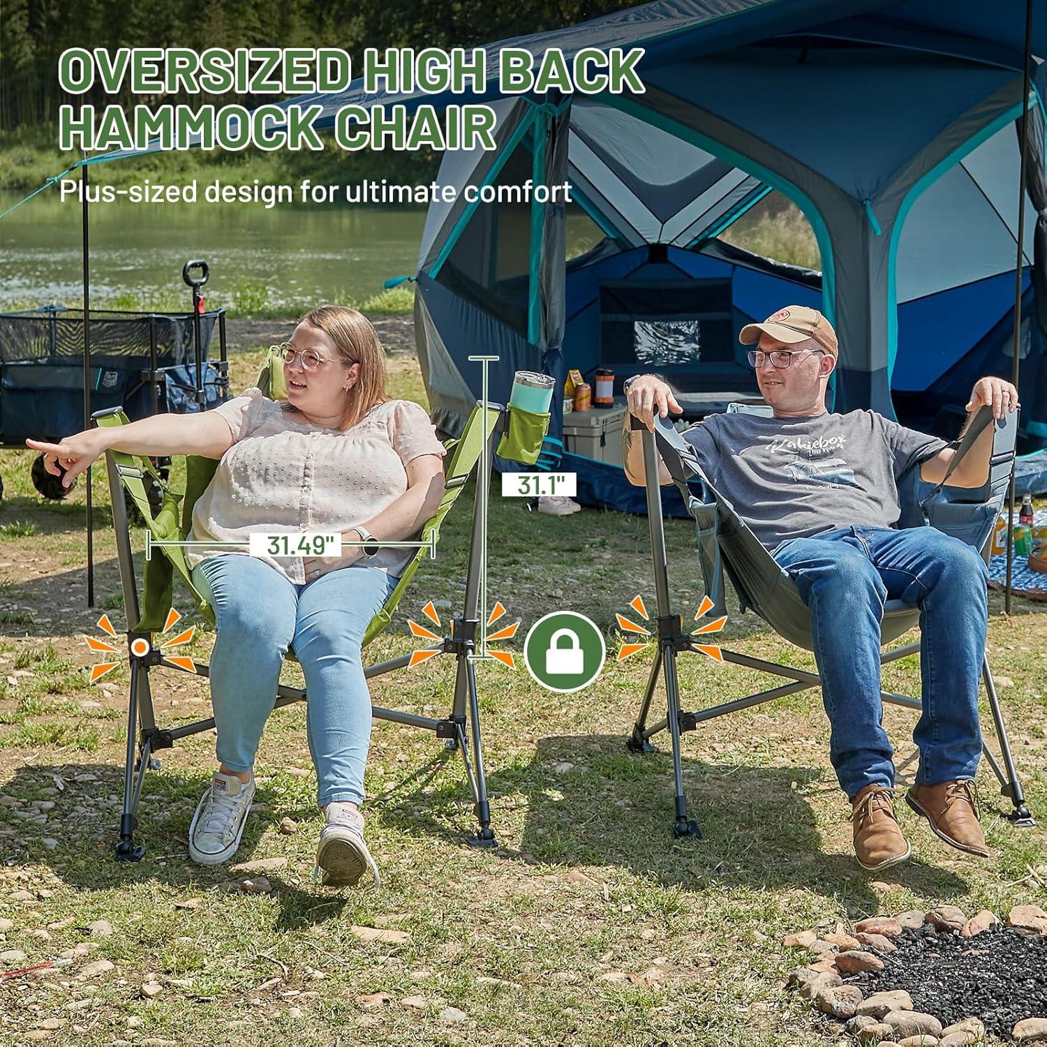 imageTIMBER RIDGE Hammock Camping Chair Oversized Swinging Chair with Adjustable Back and Seat Height Portable Folding Rocking Camping Chair for Outdoor Lawn Backyard and Patio Supports 400lbsGreen2 Pack