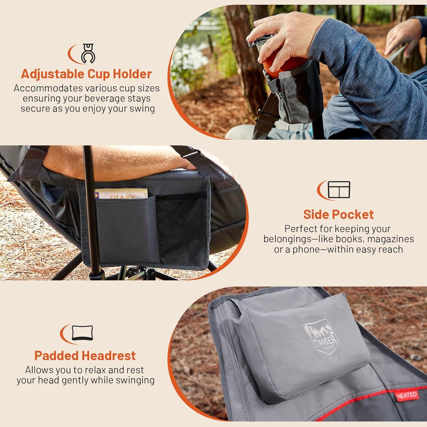 imageTIMBER RIDGE Hammock Camping Chair Oversized Swinging Chair with Adjustable Back and Seat Height Portable Folding Rocking Camping Chair for Outdoor Lawn Backyard and Patio Supports 400lbsGreyheated