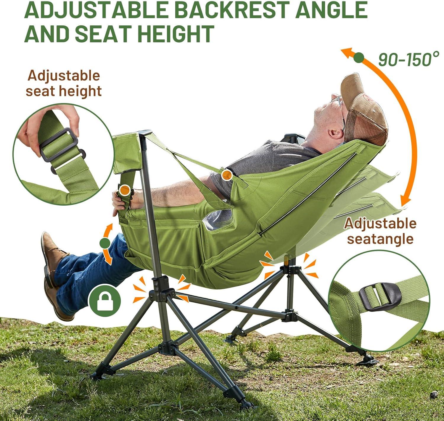 imageTIMBER RIDGE Hammock Camping Chair Oversized Swinging Chair with Adjustable Back and Seat Height Portable Folding Rocking Camping Chair for Outdoor Lawn Backyard and Patio Supports 400lbsGreen2 Pack