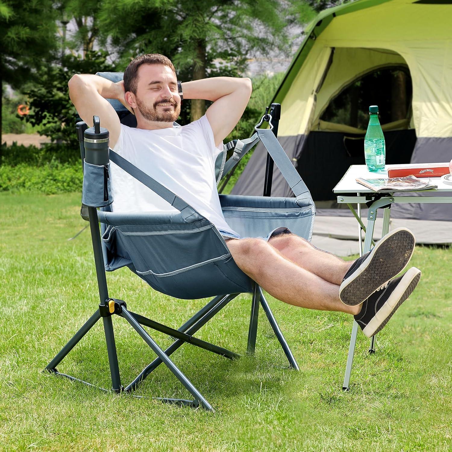 imageTIMBER RIDGE Hammock Camping Chair with Adjustable Backrest Heavy Duty Folding Hammock Chair Supports 300lbs Portable Hammock Chair for Camping Travelling and Patio TanBlue