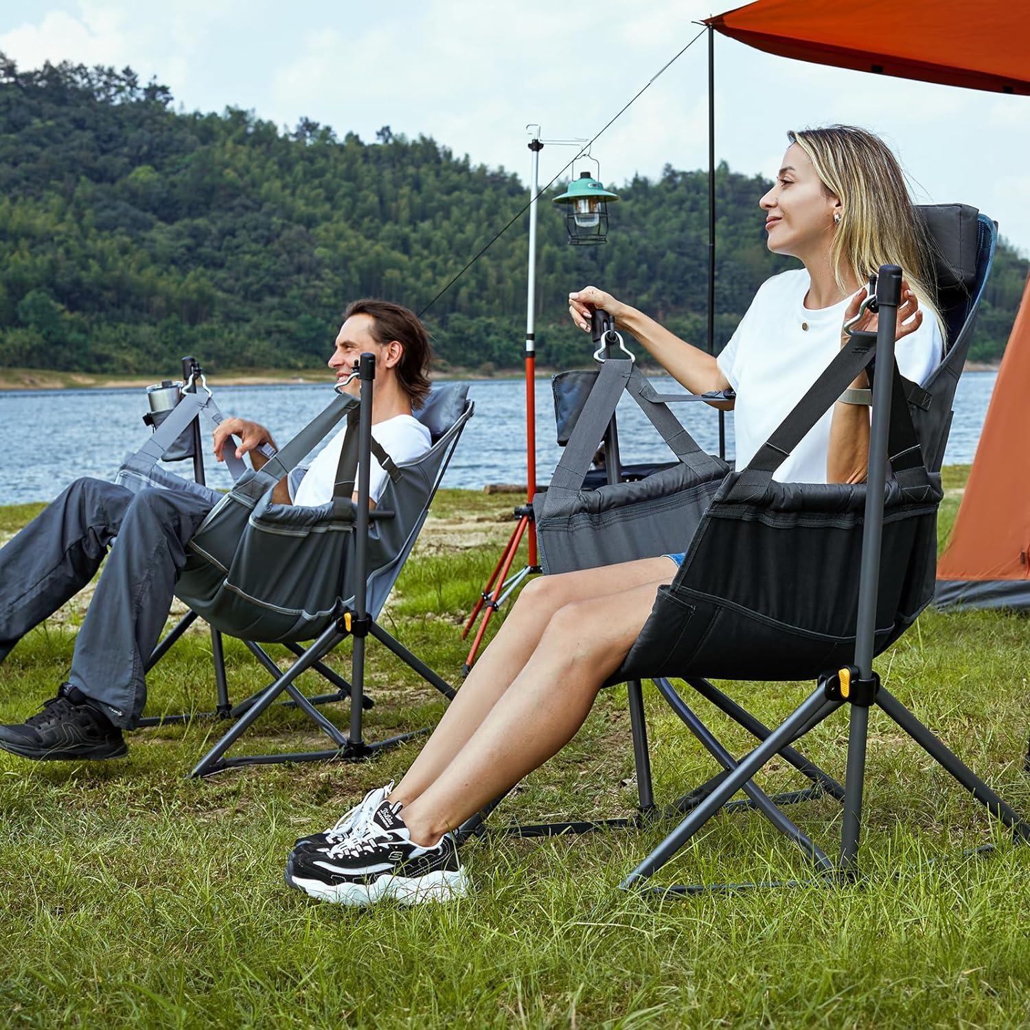 imageTIMBER RIDGE Hammock Camping Chair with Adjustable Backrest Heavy Duty Folding Hammock Chair Supports 300lbs Portable Hammock Chair for Camping Travelling and Patio TanBlue
