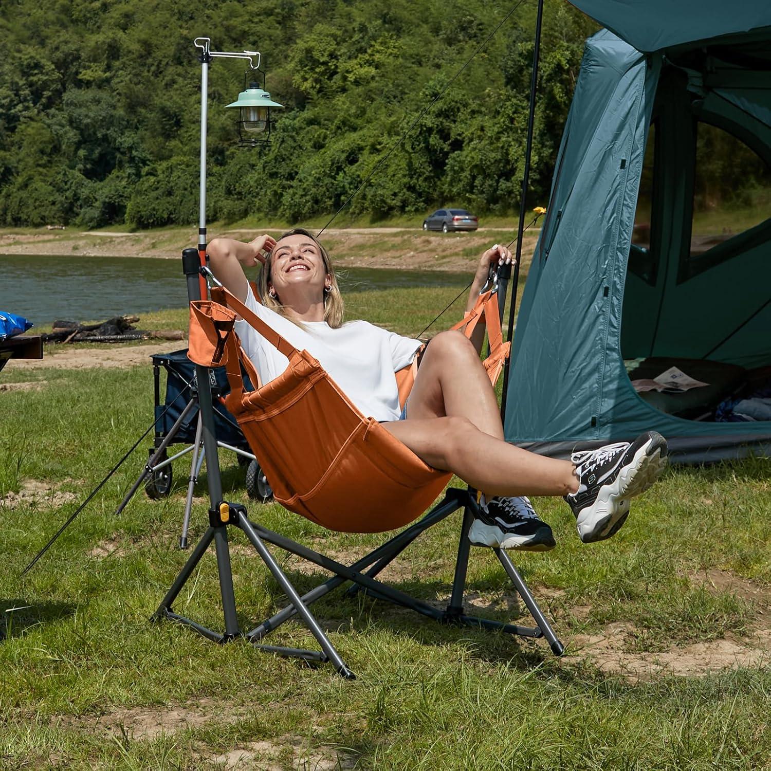 imageTIMBER RIDGE Hammock Camping Chair with Adjustable Backrest Heavy Duty Folding Hammock Chair Supports 300lbs Portable Hammock Chair for Camping Travelling and Patio TanOrange 2 Set