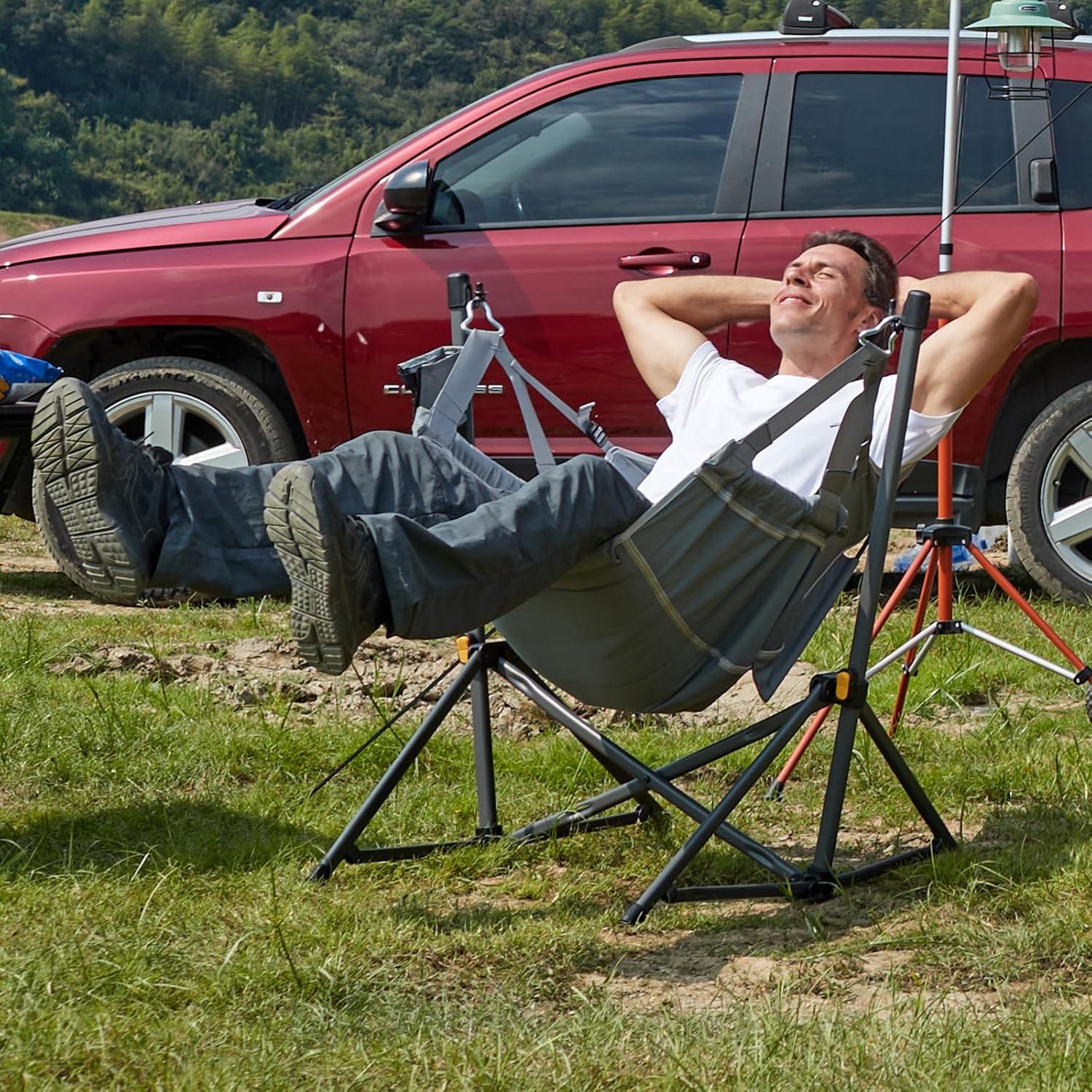 imageTIMBER RIDGE Hammock Camping Chair with Adjustable Backrest Heavy Duty Folding Hammock Chair Supports 300lbs Portable Hammock Chair for Camping Travelling and Patio TanGrey 2 Set