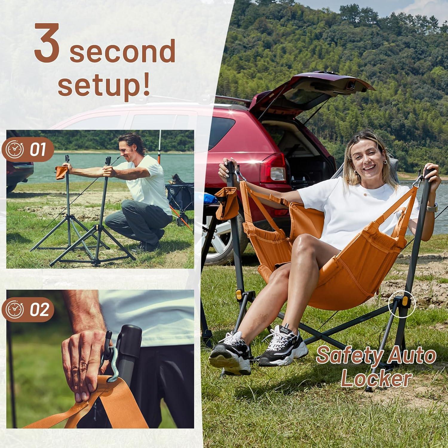 imageTIMBER RIDGE Hammock Camping Chair with Adjustable Backrest Heavy Duty Folding Hammock Chair Supports 300lbs Portable Hammock Chair for Camping Travelling and Patio TanOrange 2 Set