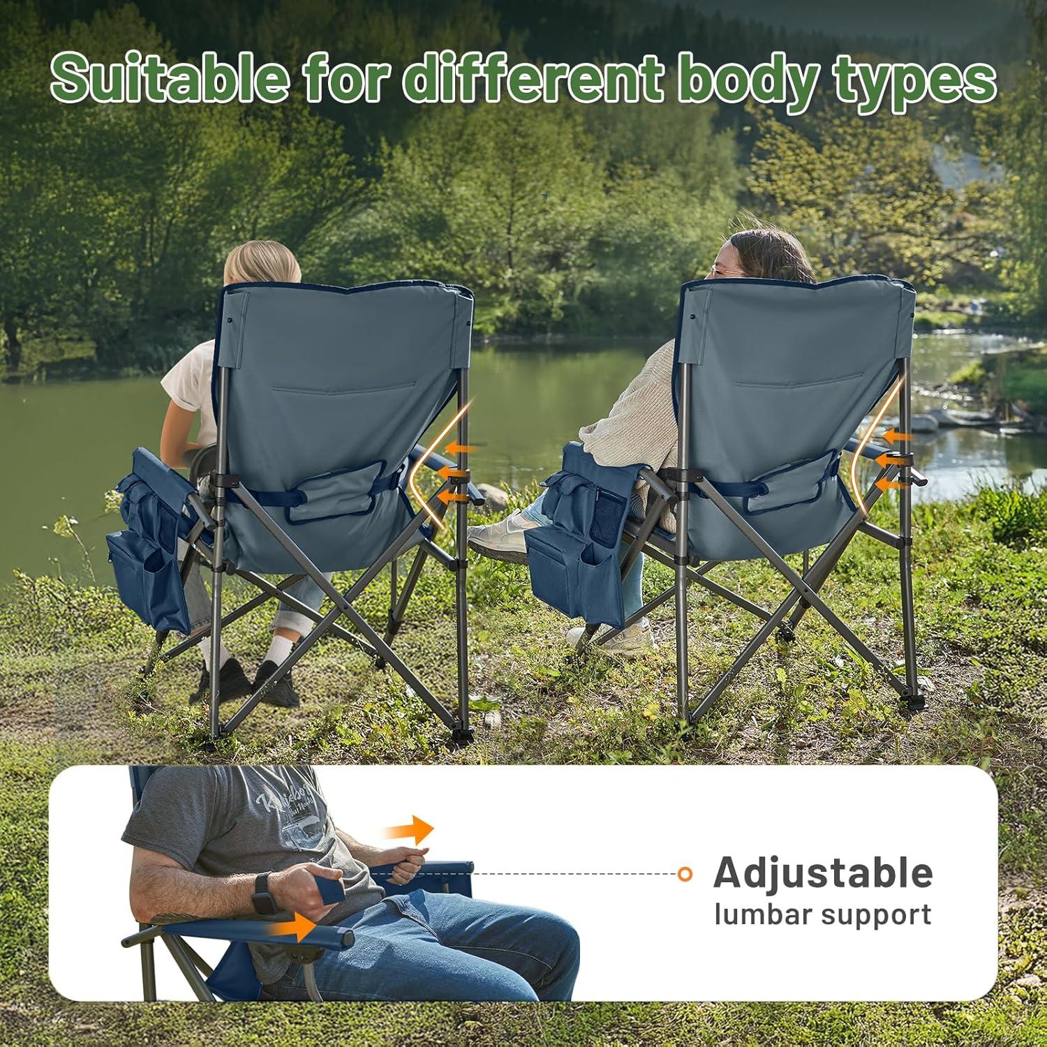 imageTIMBER RIDGE Oversized Folding Camping Chair High Back Heavy Duty for Adults Support up to 500lbs with Cup Holder Side Pocket Cooler Bag 2 PackBlue 2 Setlumbar Support