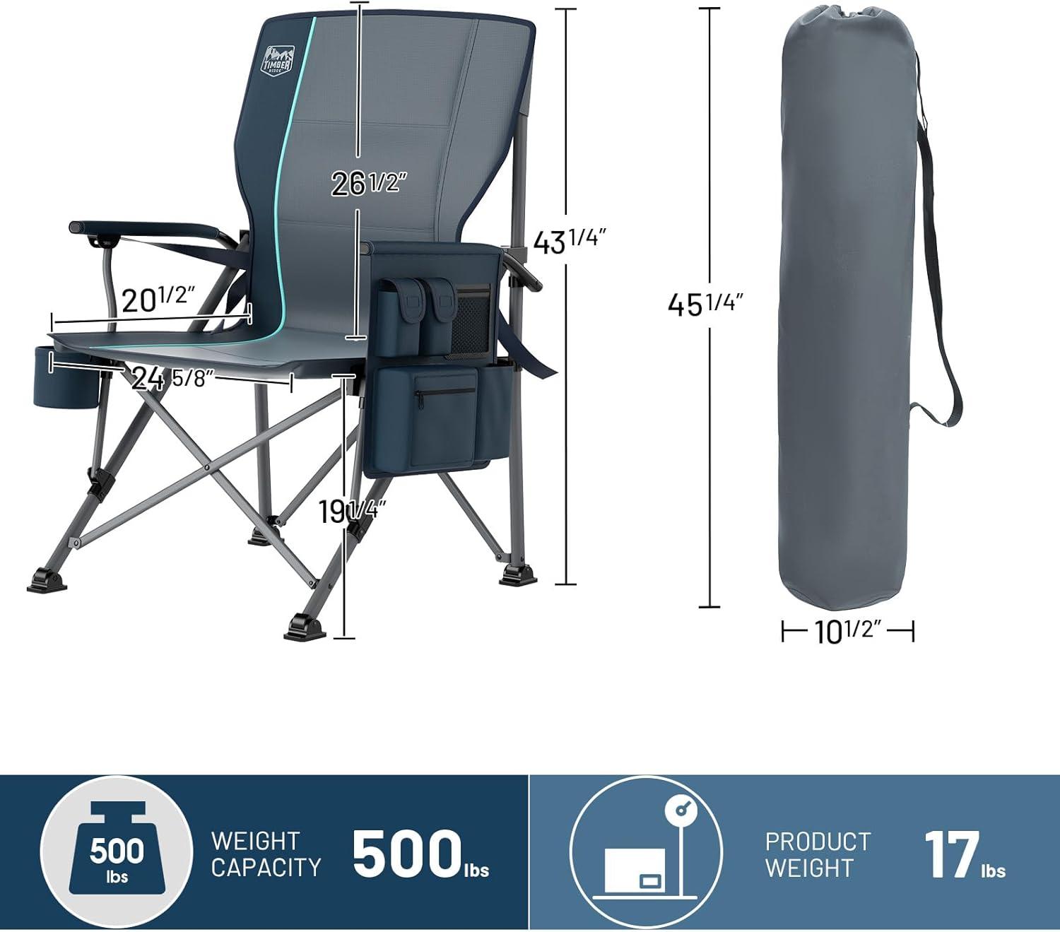 imageTIMBER RIDGE Oversized Folding Camping Chair High Back Heavy Duty for Adults Support up to 500lbs with Cup Holder Side Pocket Cooler Bag 2 PackBluelumbar Support