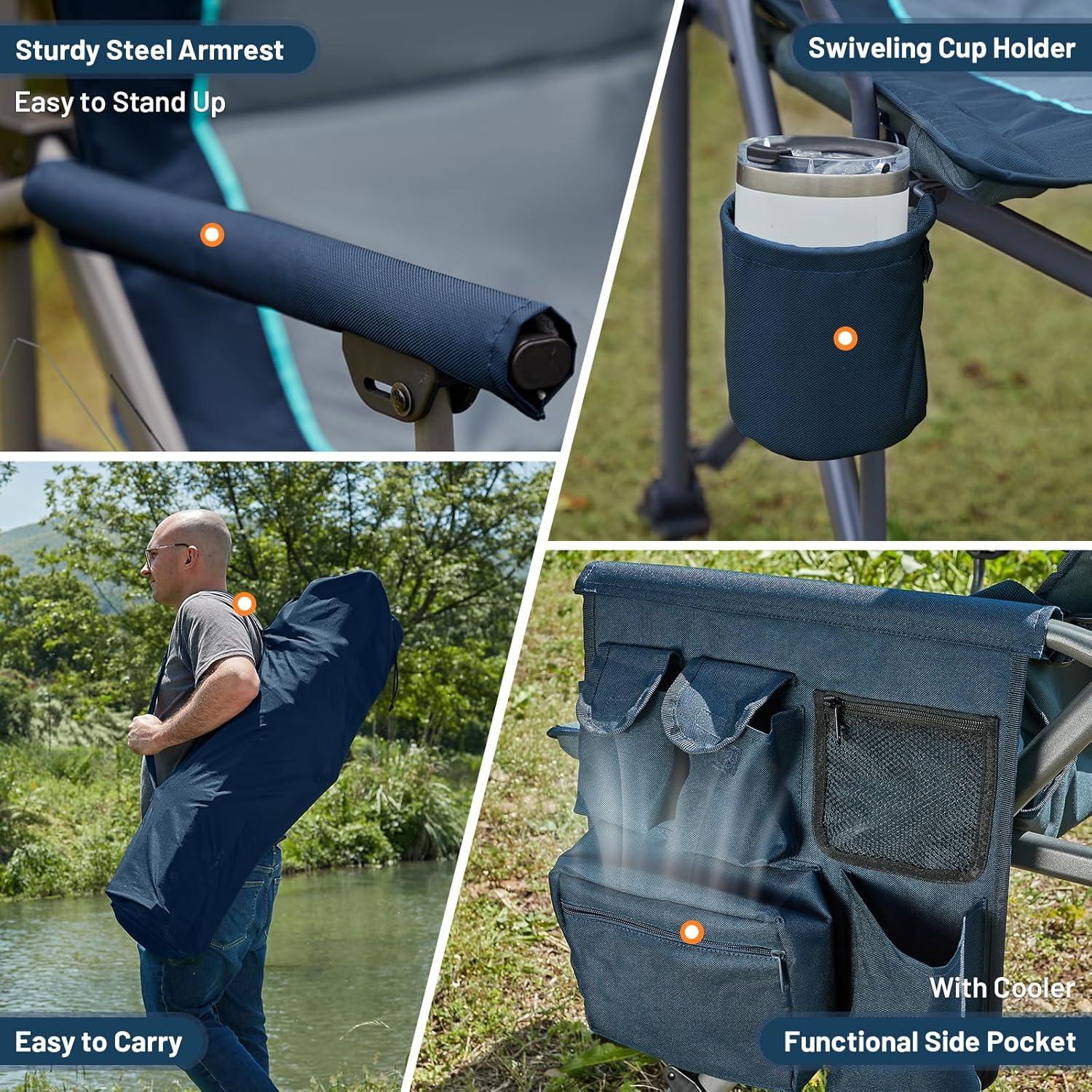 imageTIMBER RIDGE Oversized Folding Camping Chair High Back Heavy Duty for Adults Support up to 500lbs with Cup Holder Side Pocket Cooler Bag 2 PackBluelumbar Support