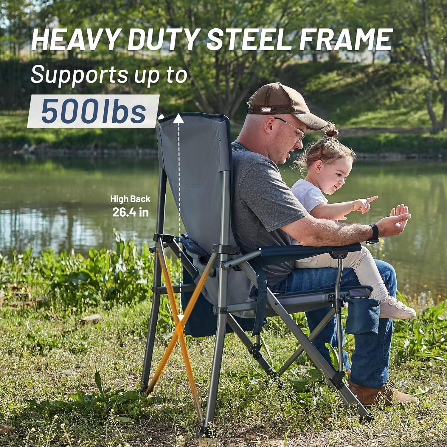 imageTIMBER RIDGE Oversized Folding Camping Chair High Back Heavy Duty for Adults Support up to 500lbs with Cup Holder Side Pocket Cooler Bag 2 PackBluelumbar Support