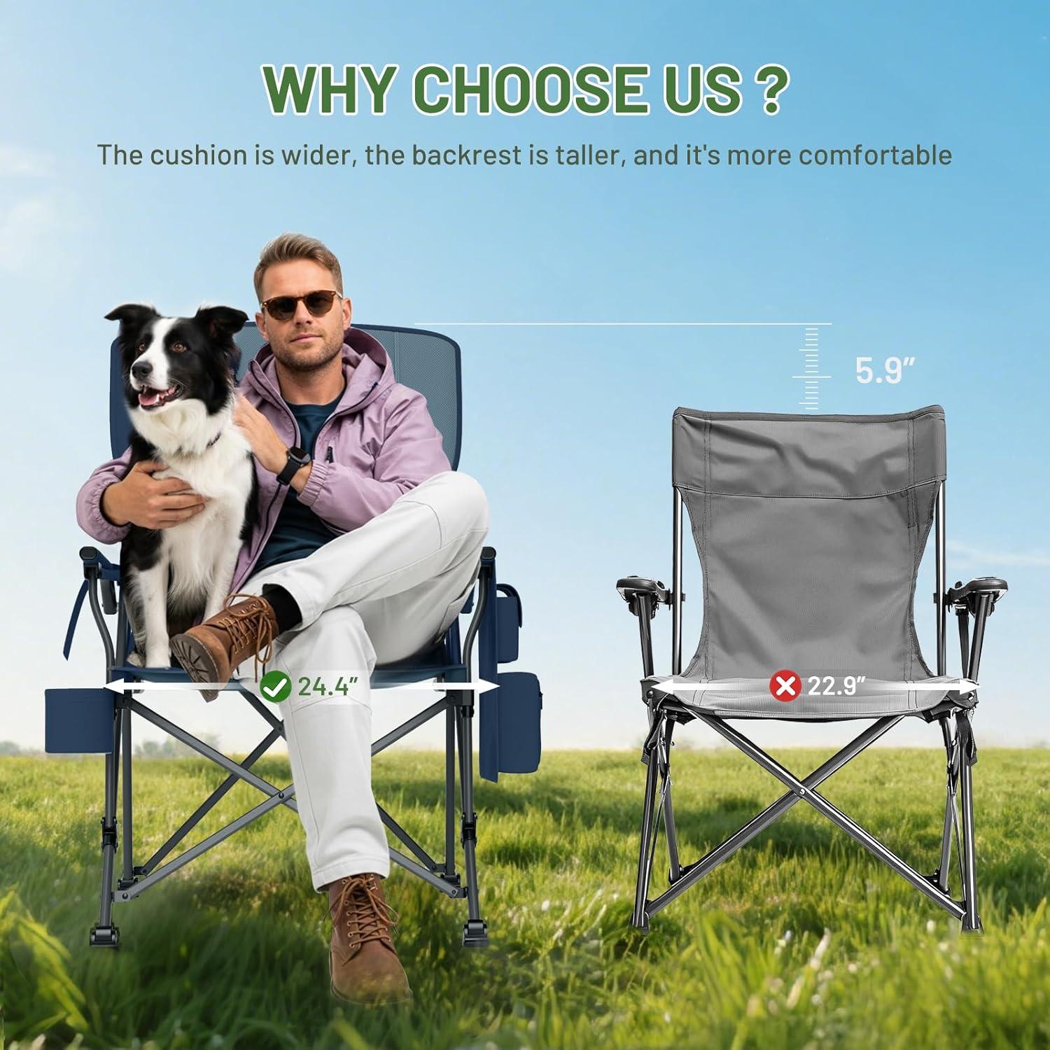 imageTIMBER RIDGE Oversized Folding Camping Chair High Back Heavy Duty for Adults Support up to 500lbs with Cup Holder Side Pocket Cooler Bag 2 PackBluelumbar Support