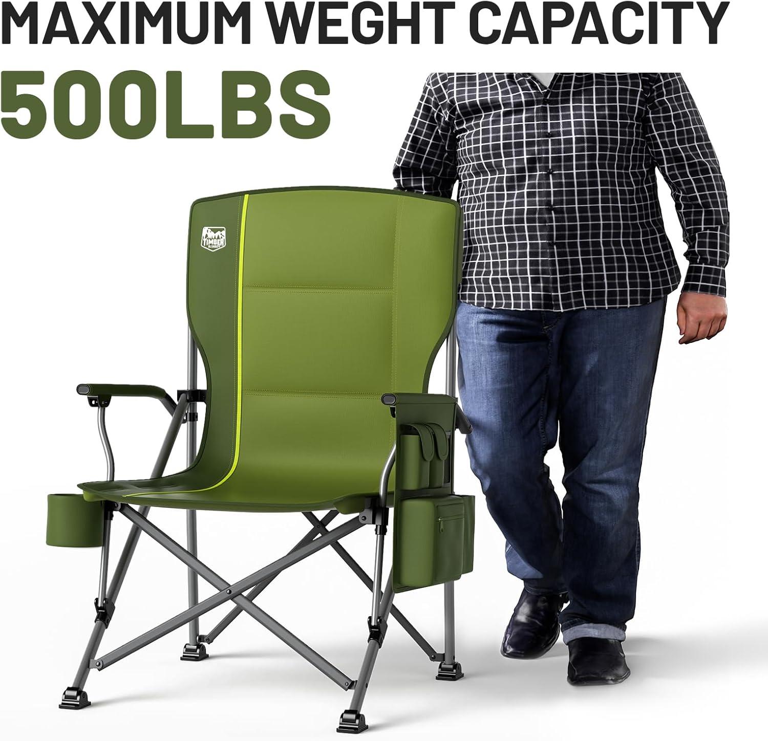 imageTIMBER RIDGE Oversized Folding Camping Chair High Back Heavy Duty for Adults Support up to 500lbs with Cup Holder Side Pocket Cooler Bag 2 PackGreen 2 Set