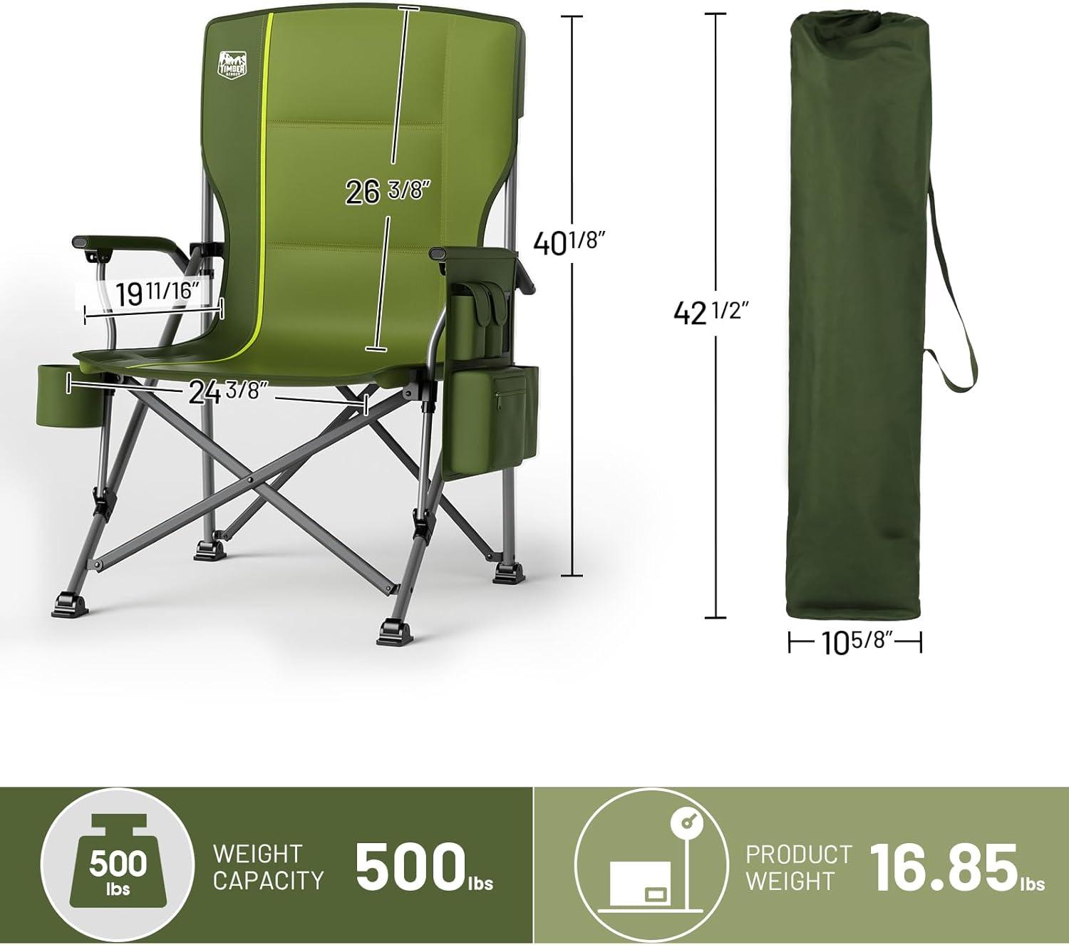 imageTIMBER RIDGE Oversized Folding Camping Chair High Back Heavy Duty for Adults Support up to 500lbs with Cup Holder Side Pocket Cooler Bag 2 PackGreen 2 Set