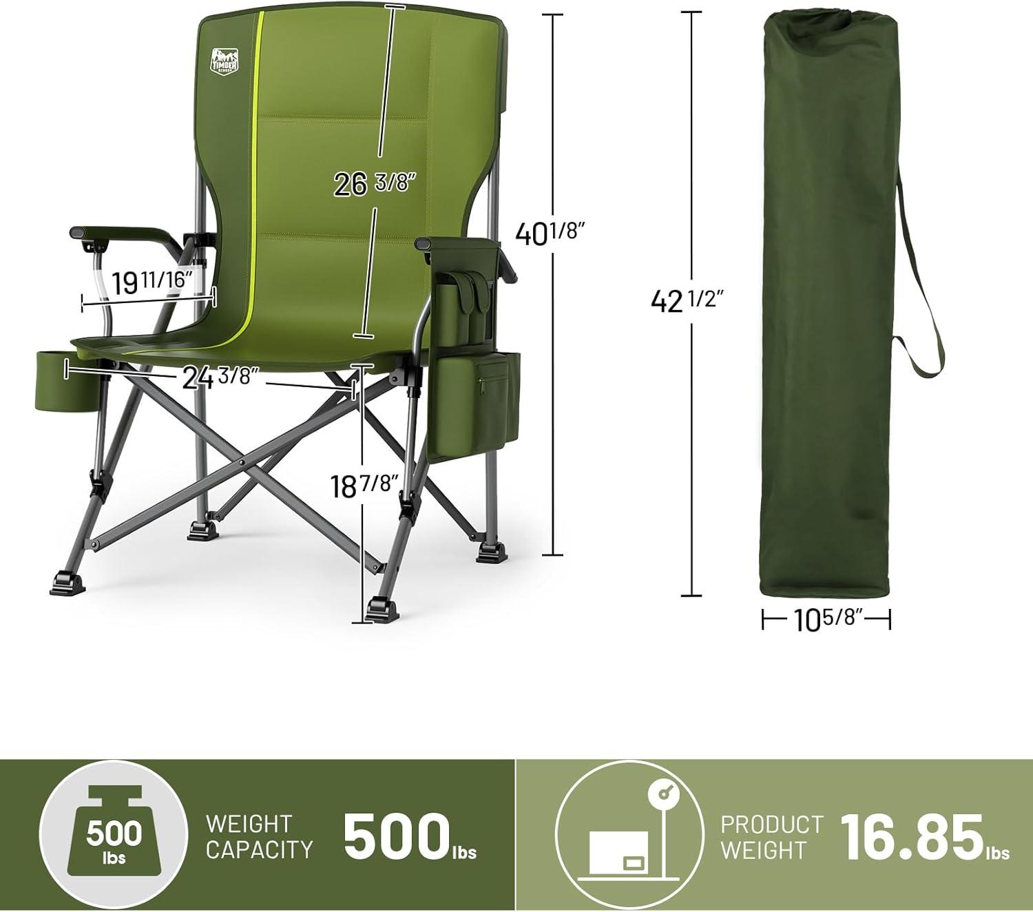 imageTIMBER RIDGE Oversized Folding Camping Chair High Back Heavy Duty for Adults Support up to 500lbs with Cup Holder Side Pocket Cooler Bag 2 PackGreen