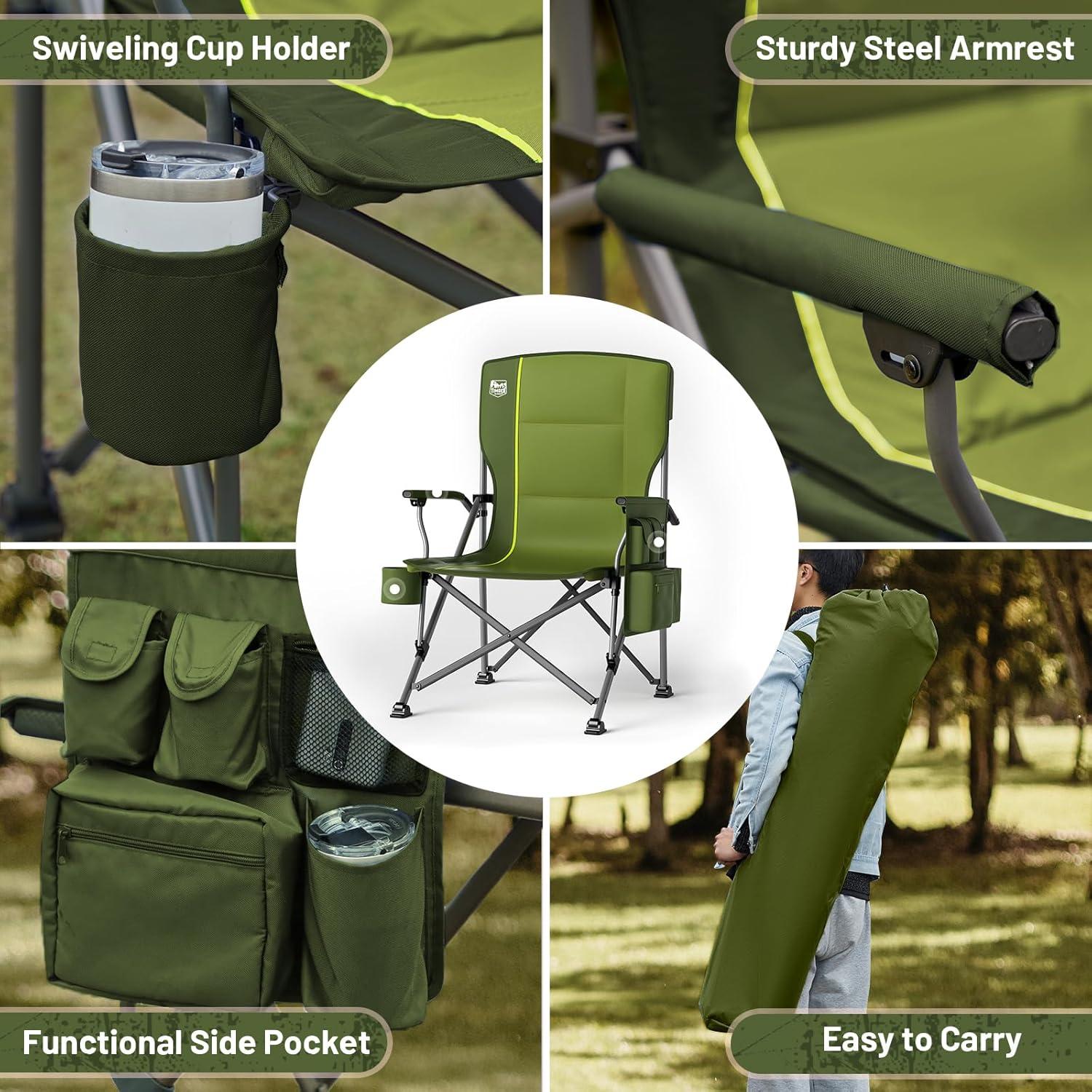 imageTIMBER RIDGE Oversized Folding Camping Chair High Back Heavy Duty for Adults Support up to 500lbs with Cup Holder Side Pocket Cooler Bag 2 PackGreen