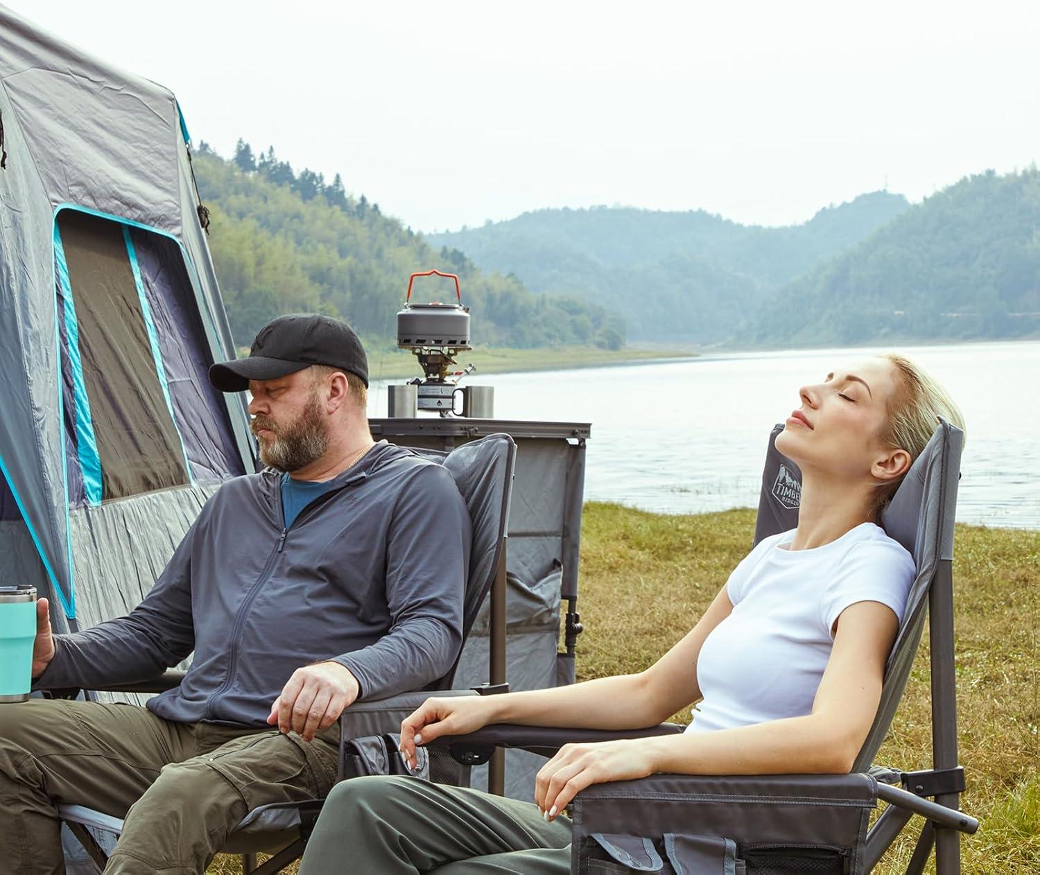 imageTIMBER RIDGE Oversized Folding Camping Chair High Back Heavy Duty for Adults Support up to 500lbs with Cup Holder Side Pocket Cooler Bag 2 PackGrey