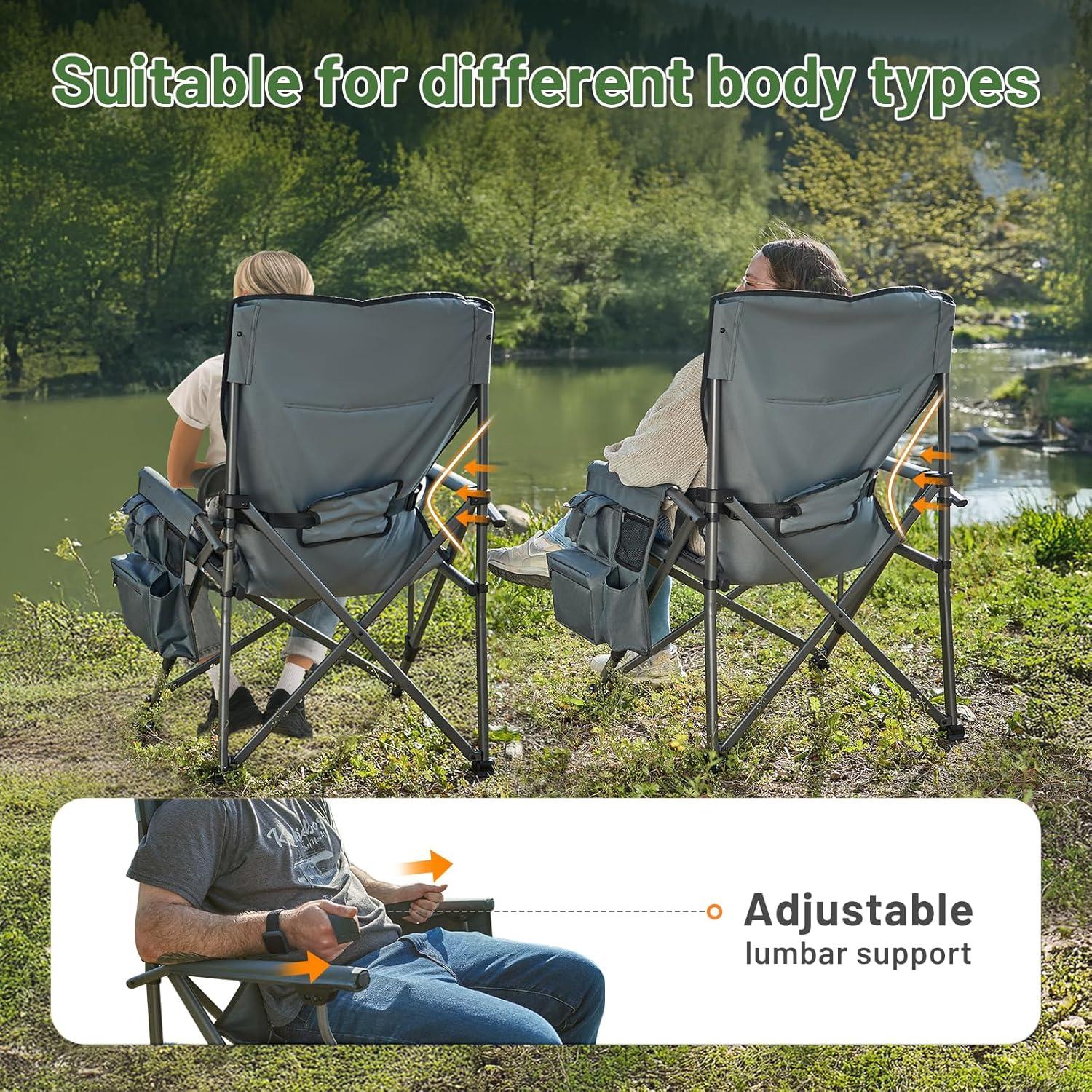 imageTIMBER RIDGE Oversized Folding Camping Chair High Back Heavy Duty for Adults Support up to 500lbs with Cup Holder Side Pocket Cooler Bag 2 PackGrey 2 Setlumbar Support