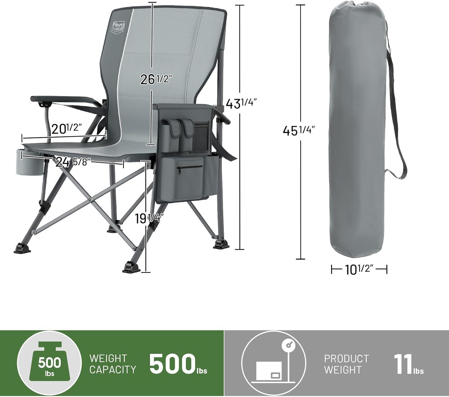 imageTIMBER RIDGE Oversized Folding Camping Chair High Back Heavy Duty for Adults Support up to 500lbs with Cup Holder Side Pocket Cooler Bag 2 PackGrey 2 Setlumbar Support