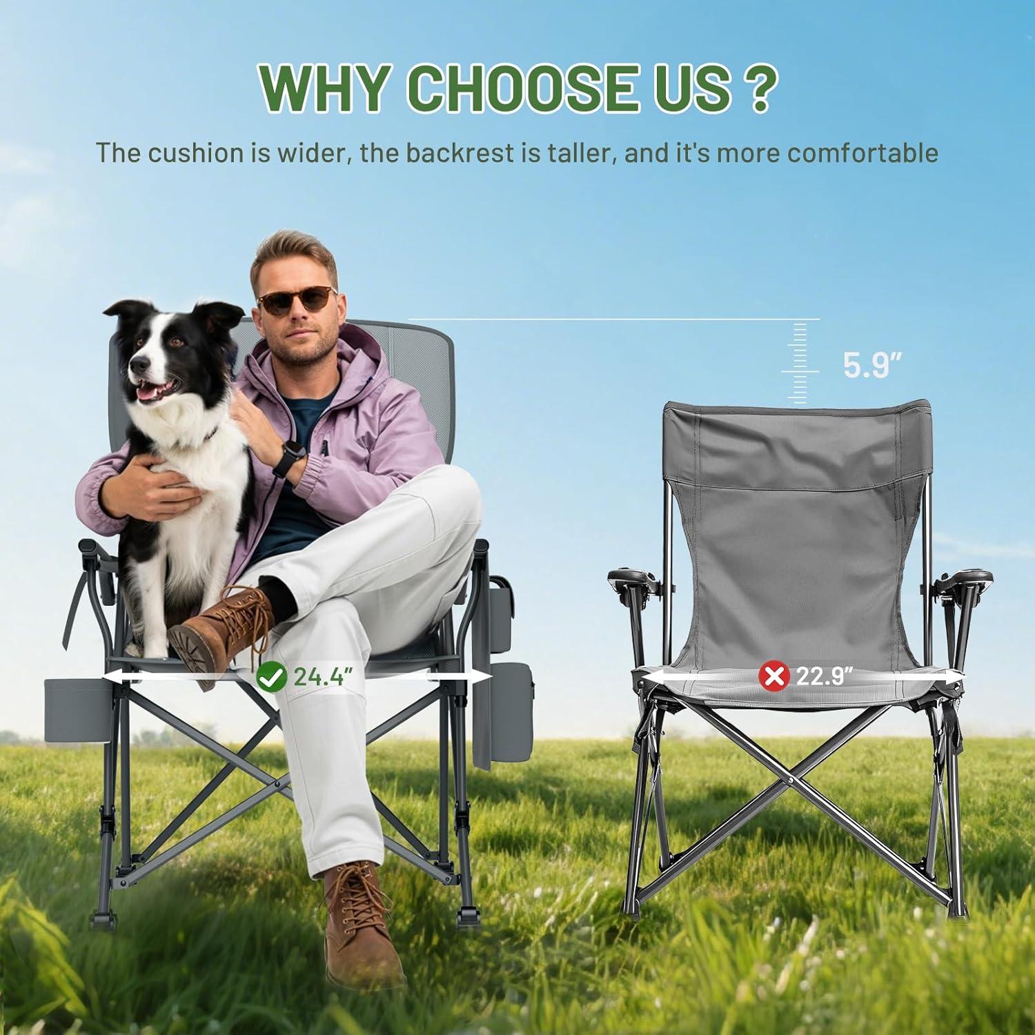 imageTIMBER RIDGE Oversized Folding Camping Chair High Back Heavy Duty for Adults Support up to 500lbs with Cup Holder Side Pocket Cooler Bag 2 PackGrey 2 Setlumbar Support