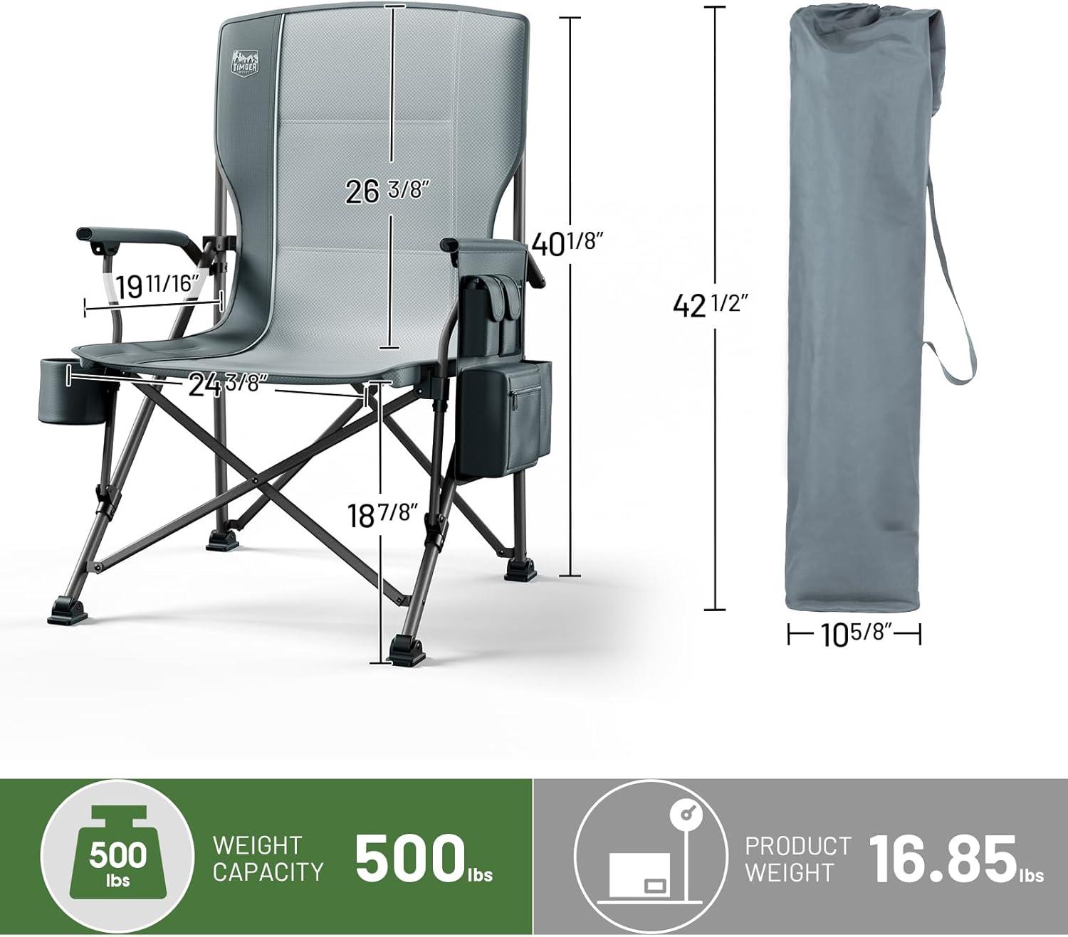 imageTIMBER RIDGE Oversized Folding Camping Chair High Back Heavy Duty for Adults Support up to 500lbs with Cup Holder Side Pocket Cooler Bag 2 PackGrey