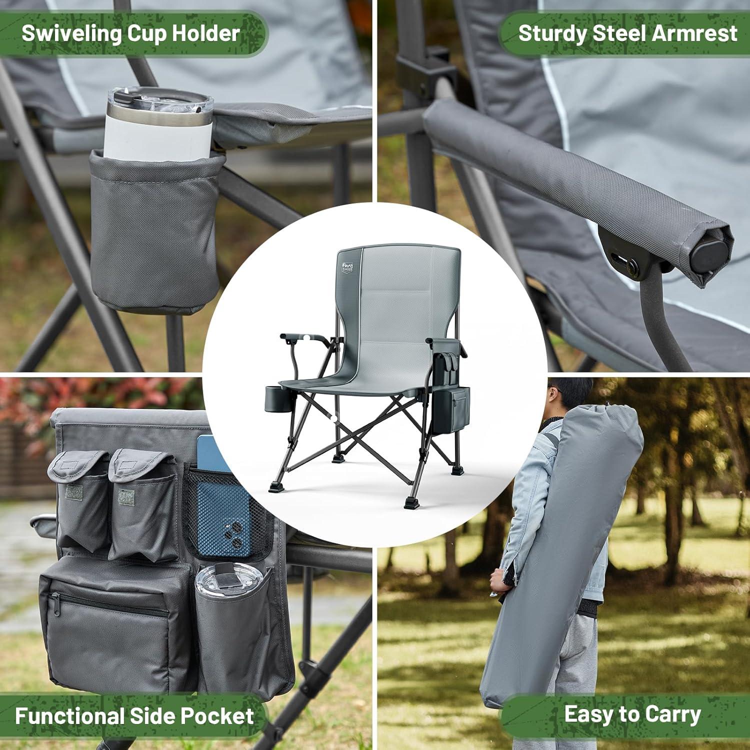 imageTIMBER RIDGE Oversized Folding Camping Chair High Back Heavy Duty for Adults Support up to 500lbs with Cup Holder Side Pocket Cooler Bag 2 PackGrey