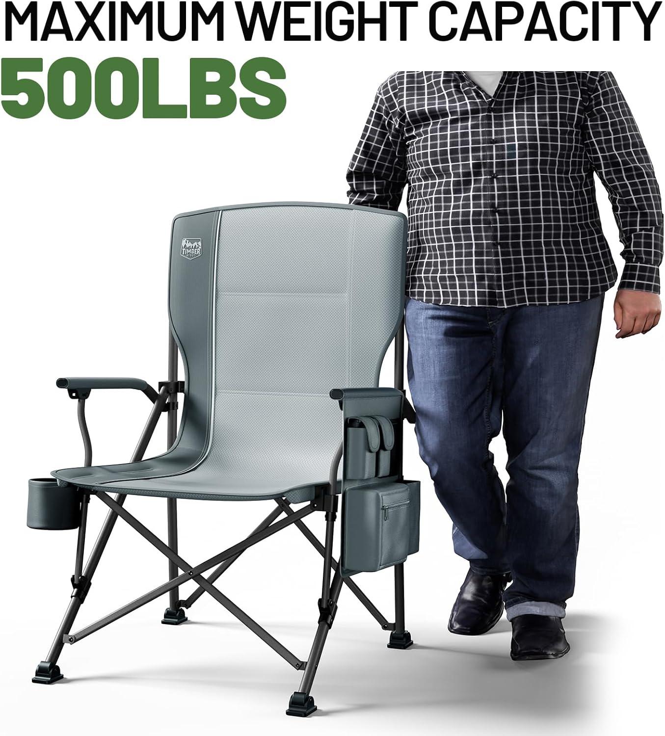 imageTIMBER RIDGE Oversized Folding Camping Chair High Back Heavy Duty for Adults Support up to 500lbs with Cup Holder Side Pocket Cooler Bag 2 PackGrey