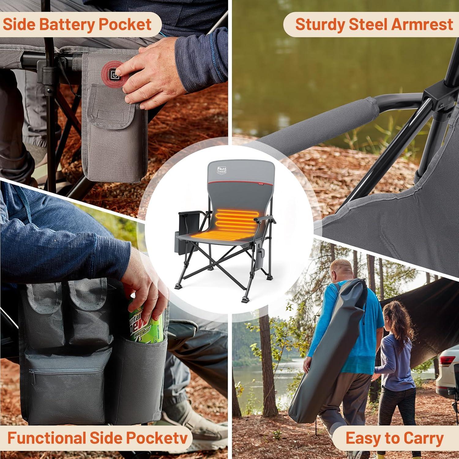 imageTIMBER RIDGE Oversized Folding Camping Chair High Back Heavy Duty for Adults Support up to 500lbs with Cup Holder Side Pocket Cooler Bag 2 PackGrey With Heated 2pack
