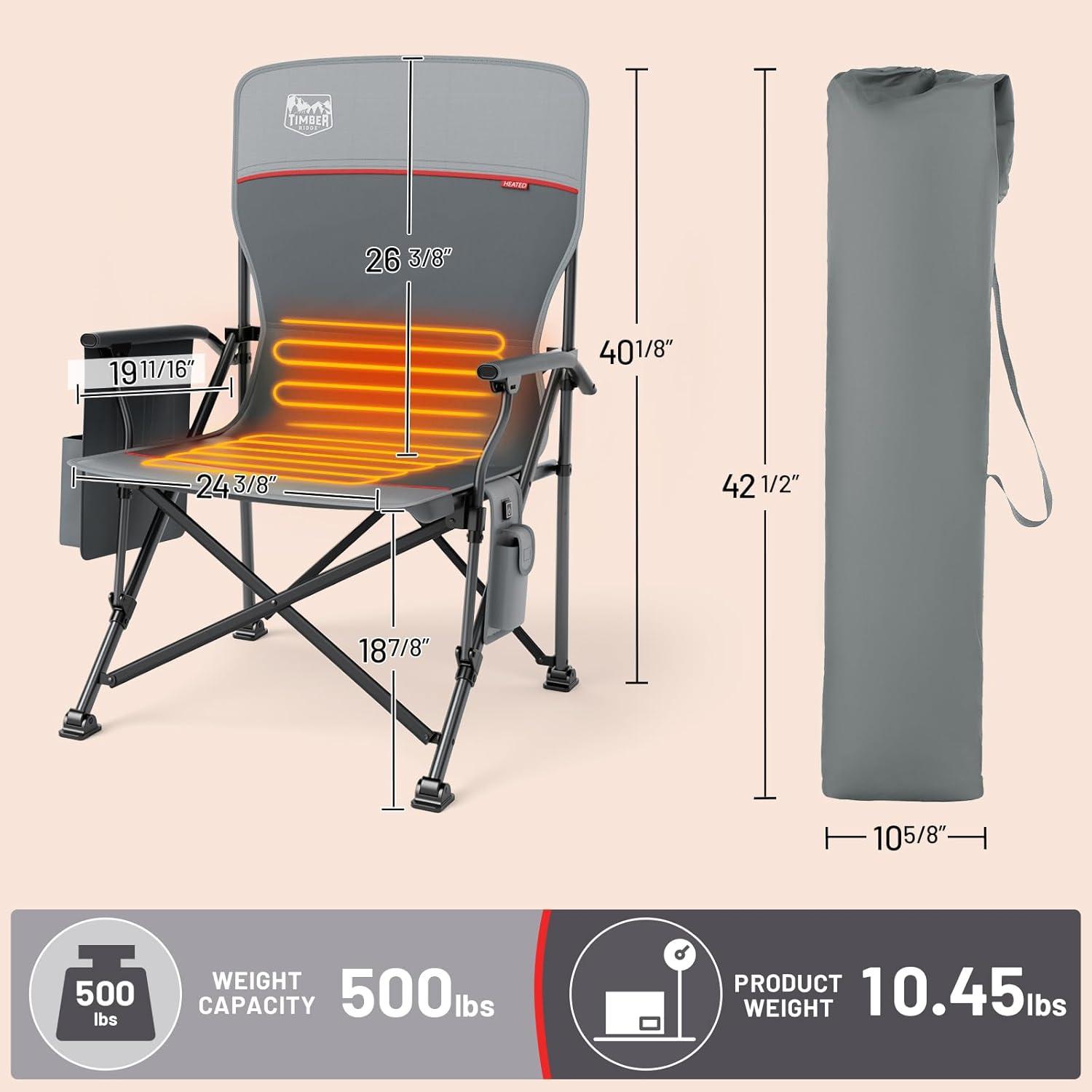 imageTIMBER RIDGE Oversized Folding Camping Chair High Back Heavy Duty for Adults Support up to 500lbs with Cup Holder Side Pocket Cooler Bag 2 PackGrey With Heated 2pack