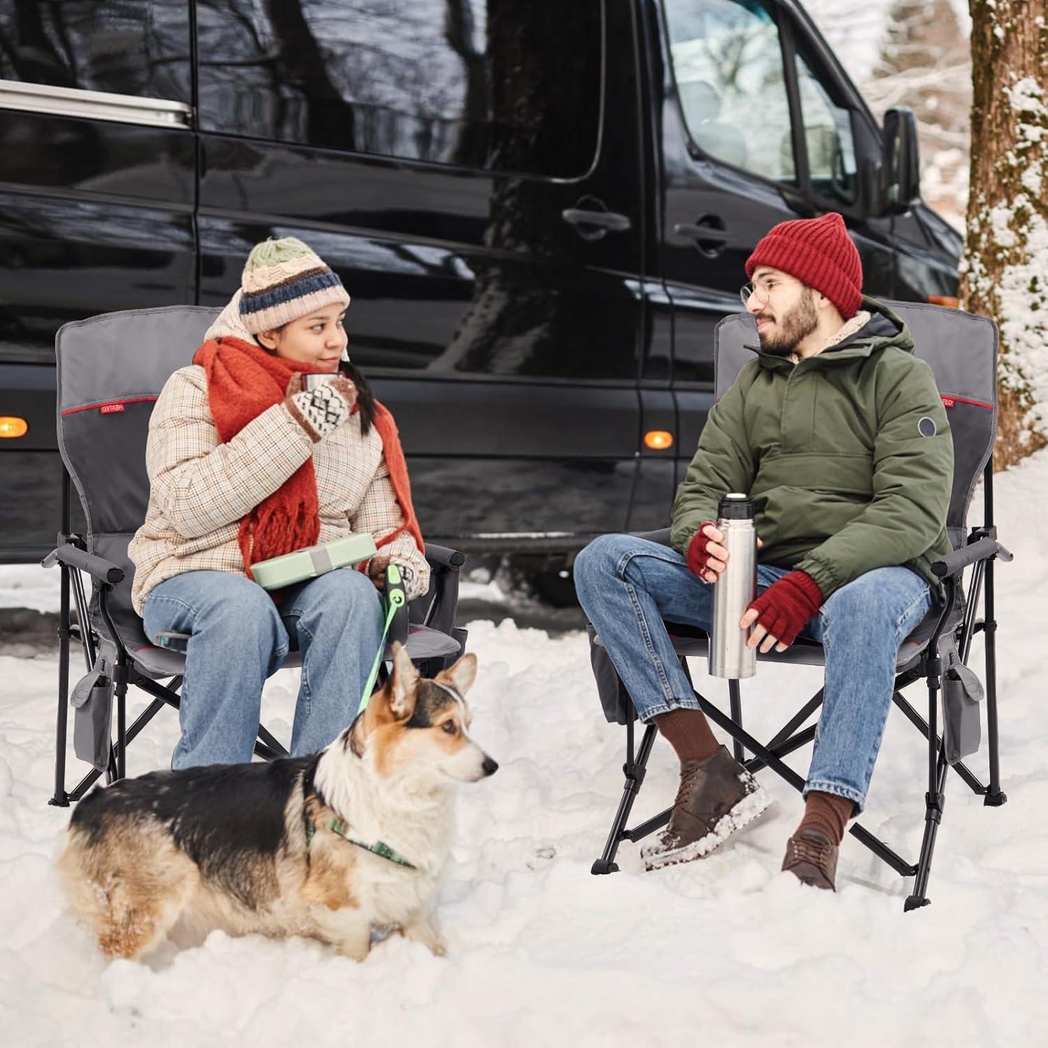 imageTIMBER RIDGE Oversized Folding Camping Chair High Back Heavy Duty for Adults Support up to 500lbs with Cup Holder Side Pocket Cooler Bag 2 PackGrey With Heated 2pack