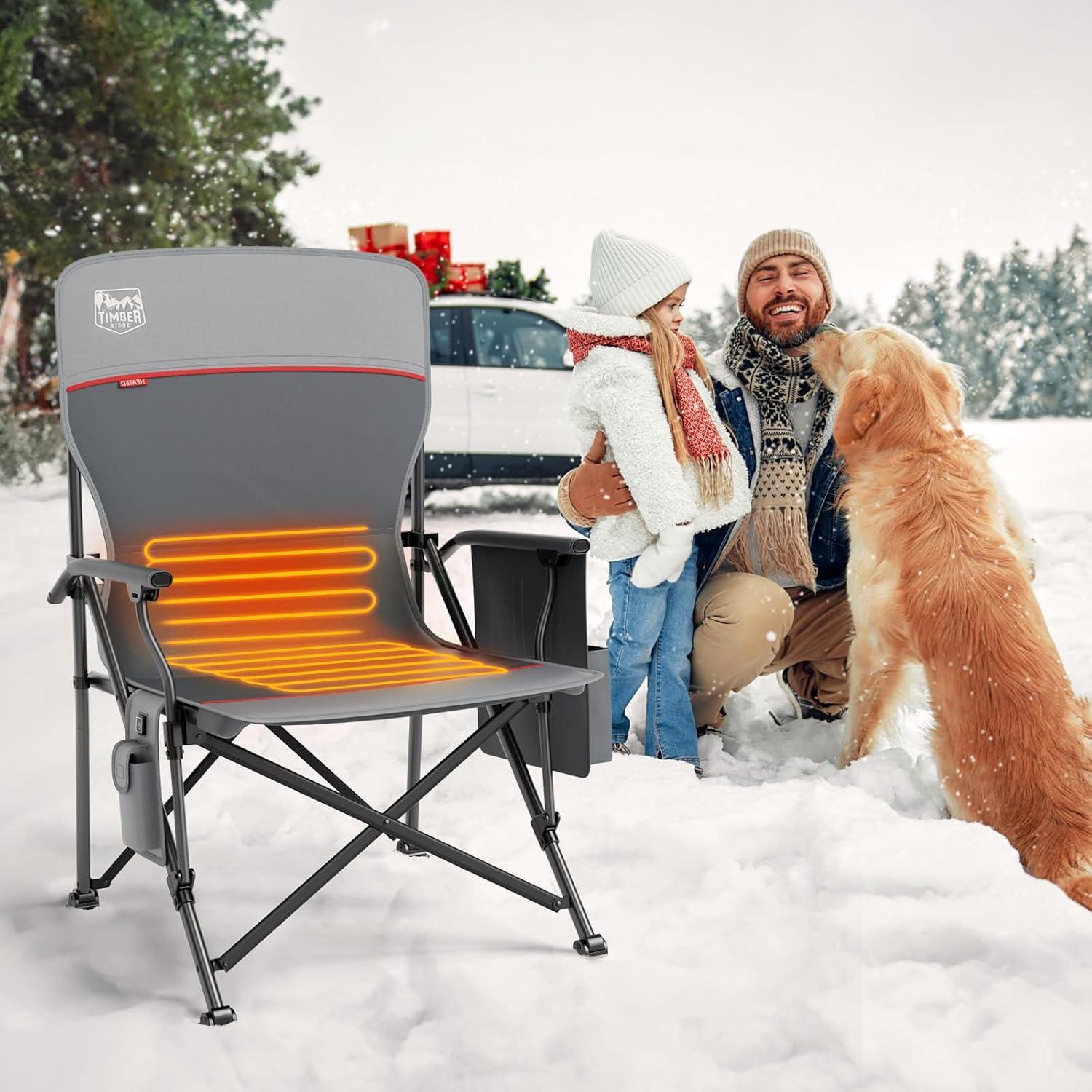 imageTIMBER RIDGE Oversized Folding Camping Chair High Back Heavy Duty for Adults Support up to 500lbs with Cup Holder Side Pocket Cooler Bag 2 PackGrey With Heated 2pack