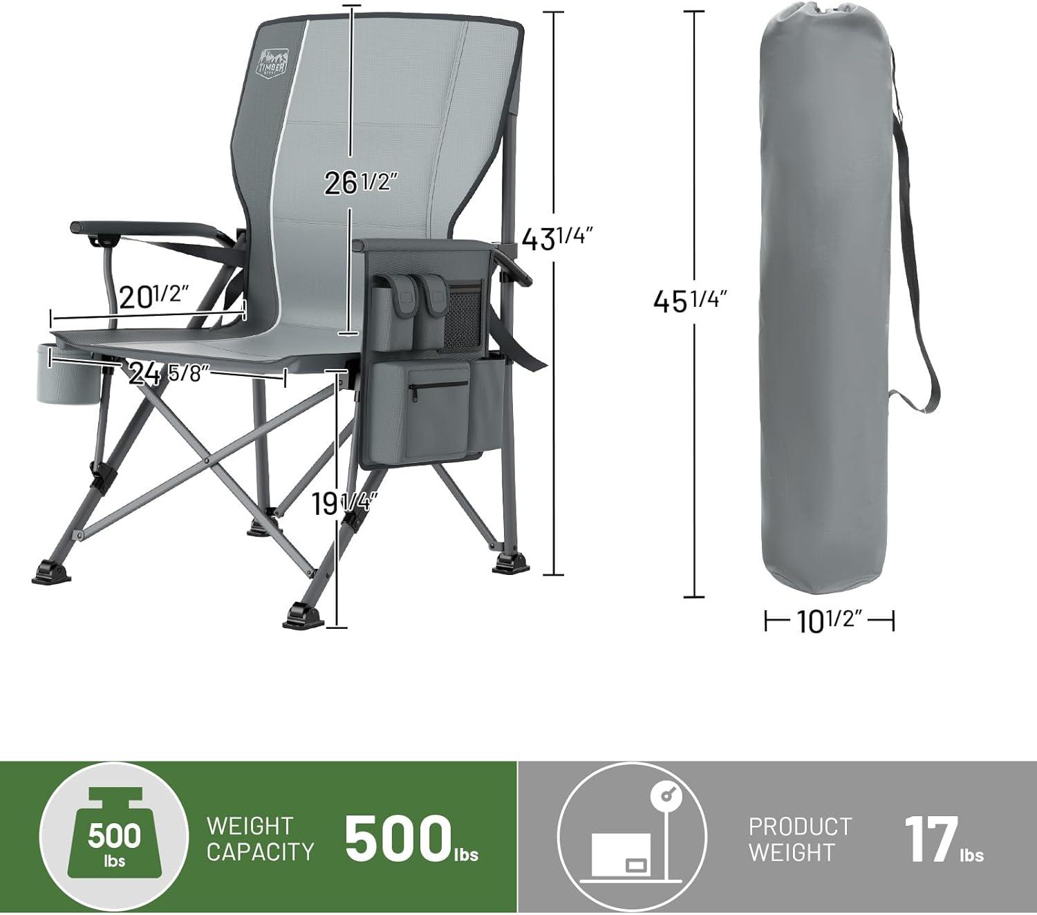 imageTIMBER RIDGE Oversized Folding Camping Chair High Back Heavy Duty for Adults Support up to 500lbs with Cup Holder Side Pocket Cooler Bag 2 PackGreylumbar Support
