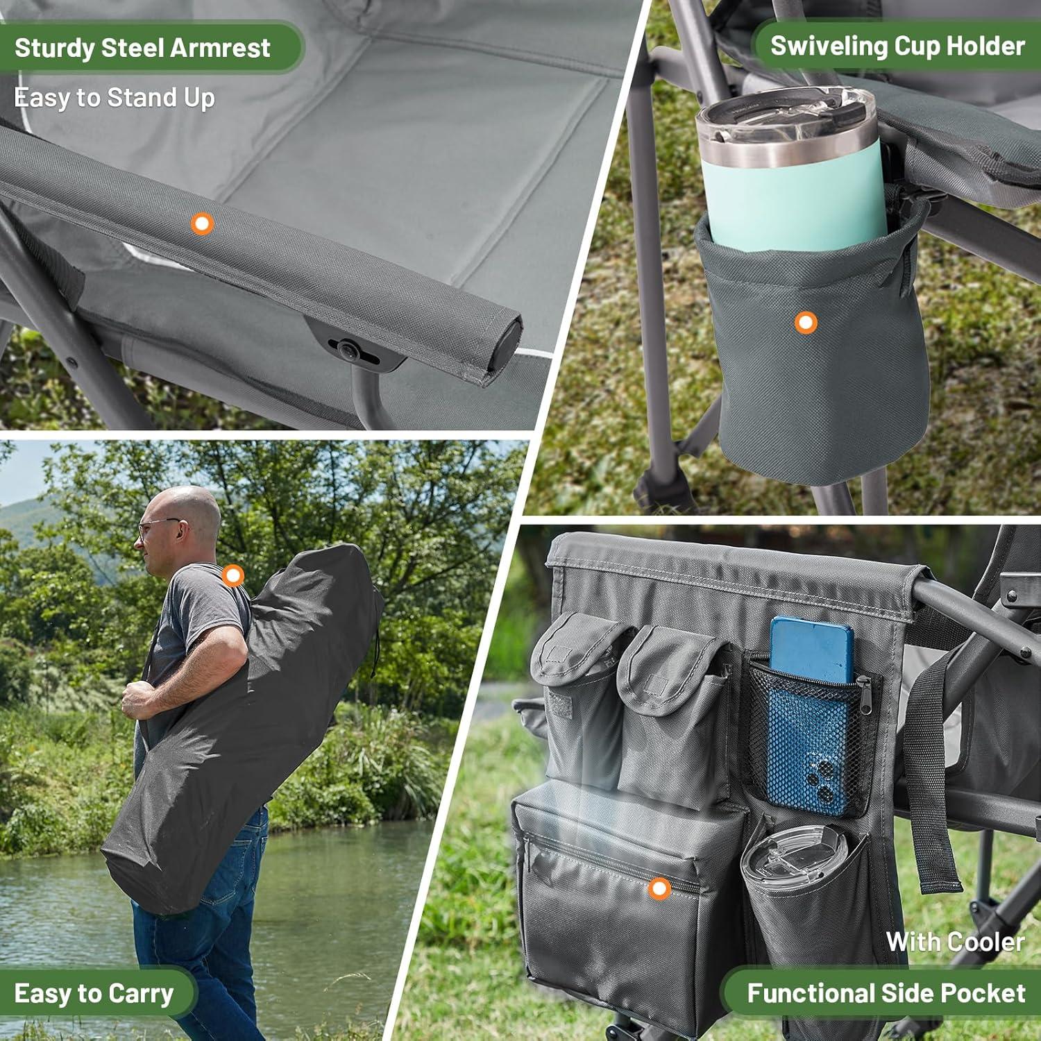 imageTIMBER RIDGE Oversized Folding Camping Chair High Back Heavy Duty for Adults Support up to 500lbs with Cup Holder Side Pocket Cooler Bag 2 PackGreylumbar Support