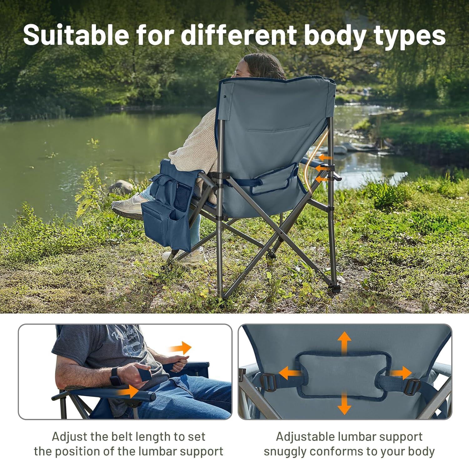 imageTIMBER RIDGE Oversized Folding Camping Chair High Back Heavy Duty for Adults Support up to 500lbs with Cup Holder Side Pocket Cooler Bag 2 PackGreylumbar Support