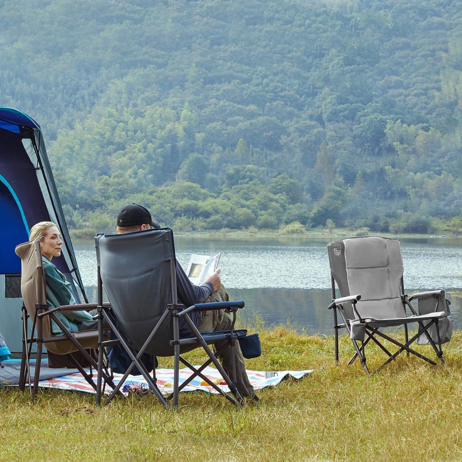 imageTIMBER RIDGE Oversized Folding Camping Chair High Back Heavy Duty for Adults Support up to 500lbs with Cup Holder Side Pocket Cooler Bag 2 PackTan