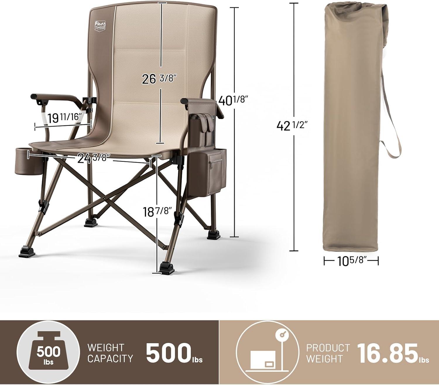 imageTIMBER RIDGE Oversized Folding Camping Chair High Back Heavy Duty for Adults Support up to 500lbs with Cup Holder Side Pocket Cooler Bag 2 PackTan 2 Set